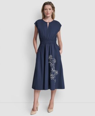 Womens Cap Sleeve Jewel Neck Keyhole Midi Dress