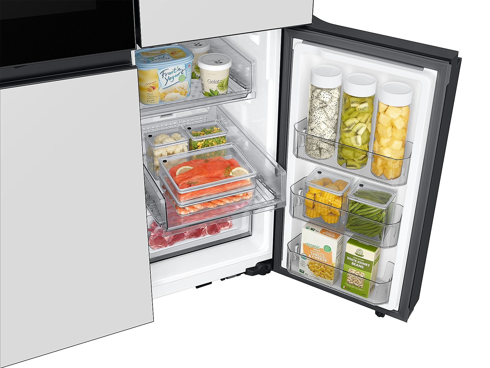Bespoke 4-Door Flex™ Refrigerator (29 cu. ft.) with Beverage Zone™ and Auto Open Door in White Glass(RF29DB970012AA)