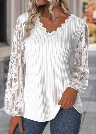Modlily White Lace Long Sleeve V Neck Blouse