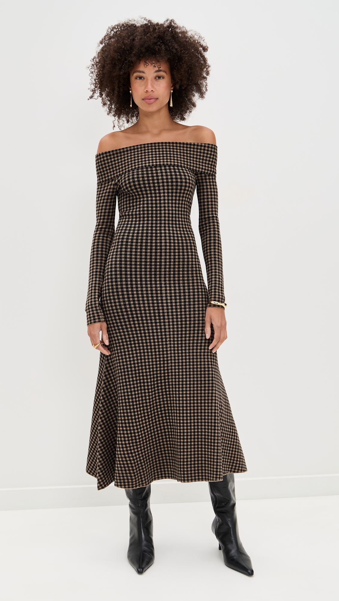 Gingham Knit Off Shoulder Dress Chocolate/Black
