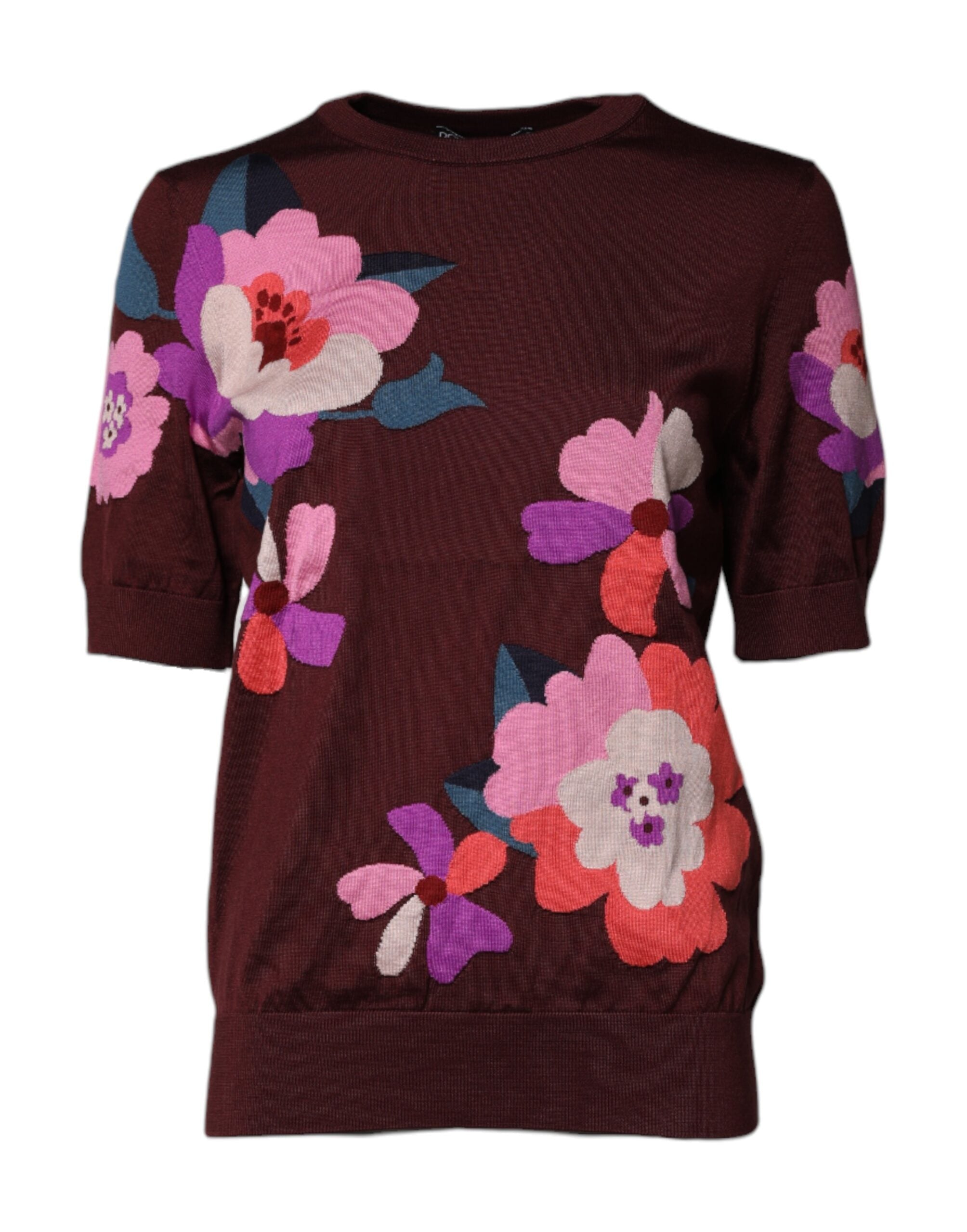 Floral Silk Crew Neck Blouse — Maroon