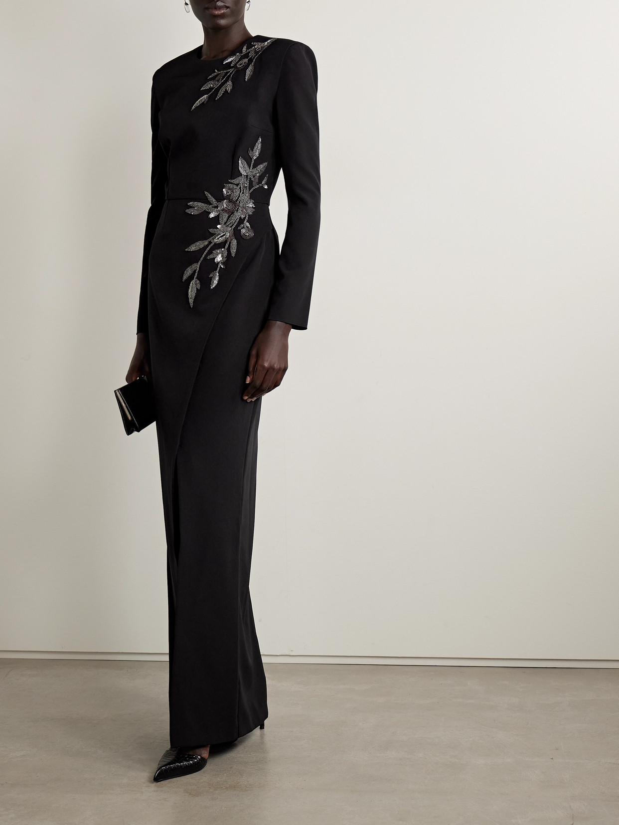 Embellished Draped Cady Gown - Black