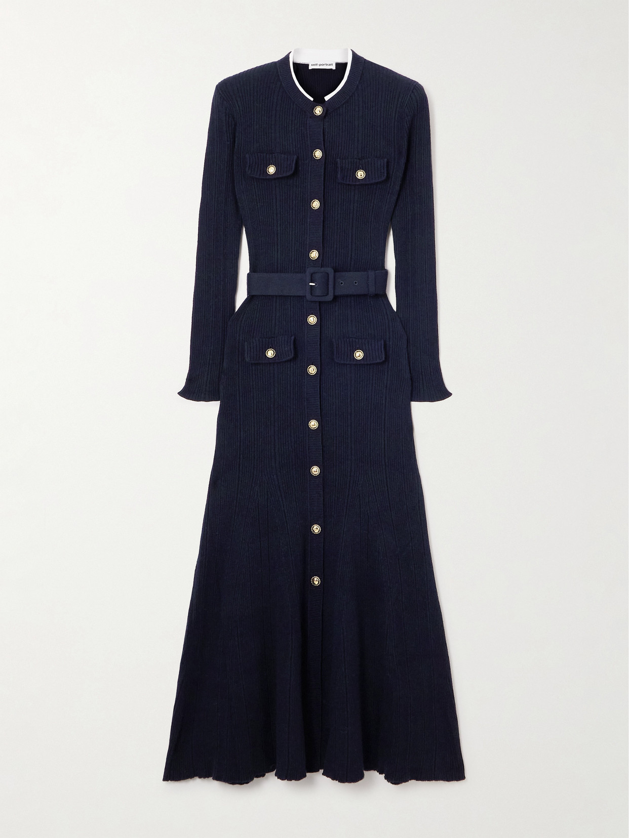 Belted Ribbed-knit Midi Dress - Blue