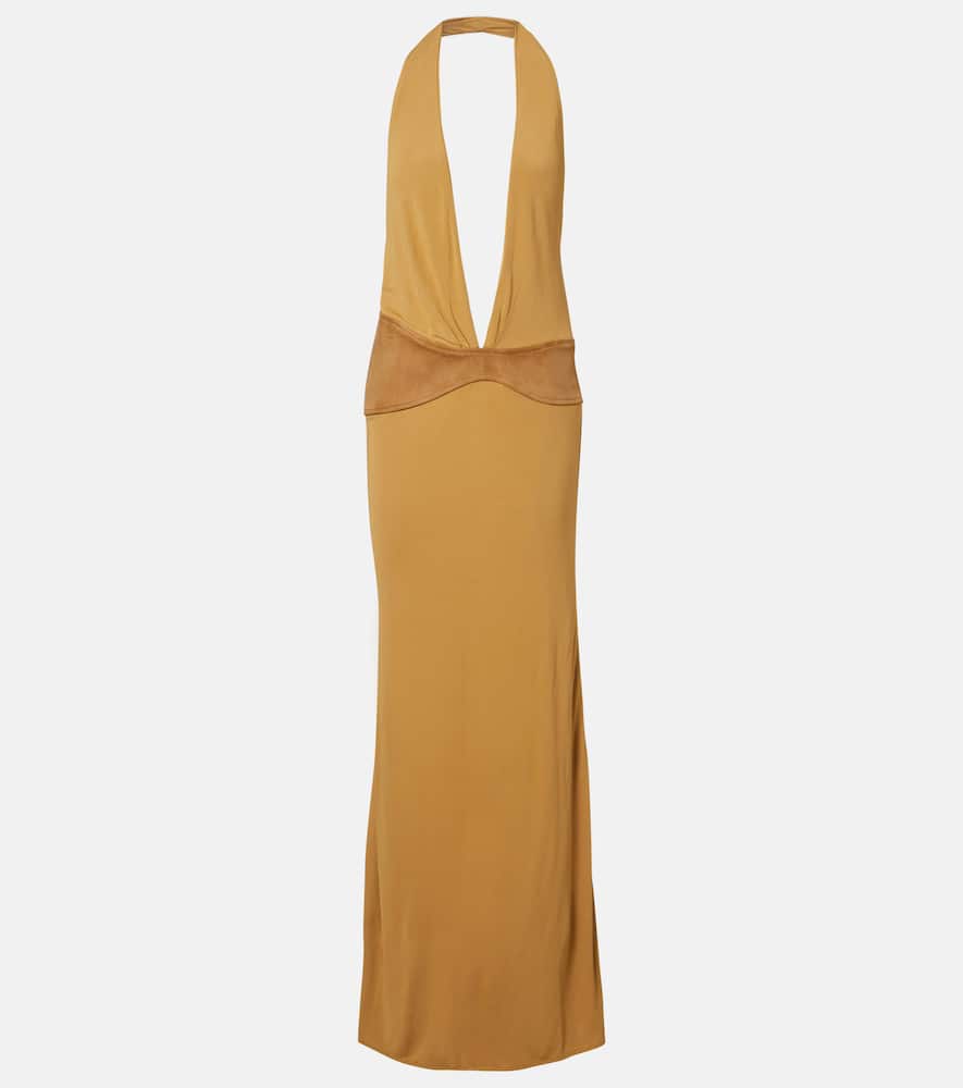 Suede-trimmed jersey gown
