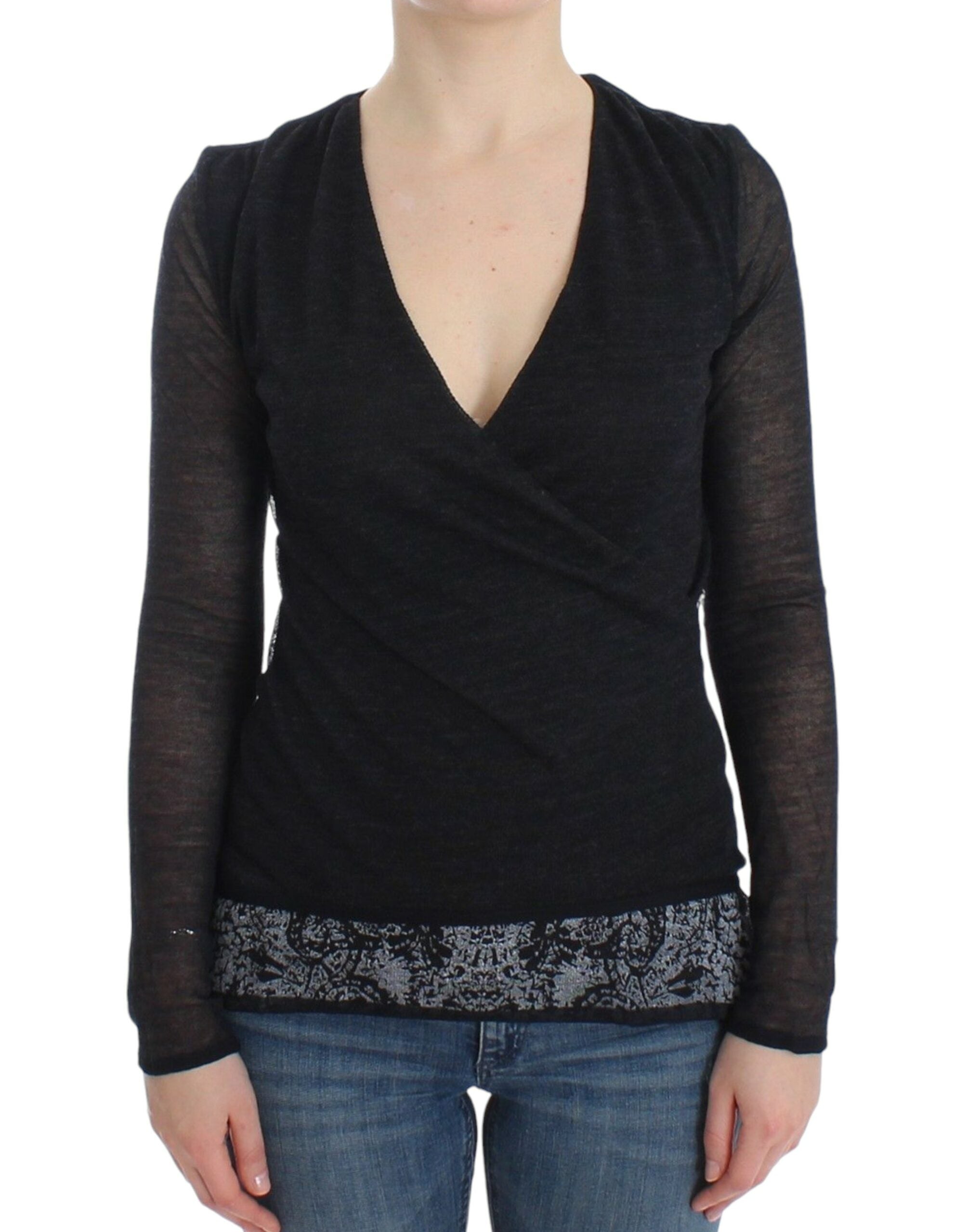 Deep V-Neck Wool Blend Sweater — Black