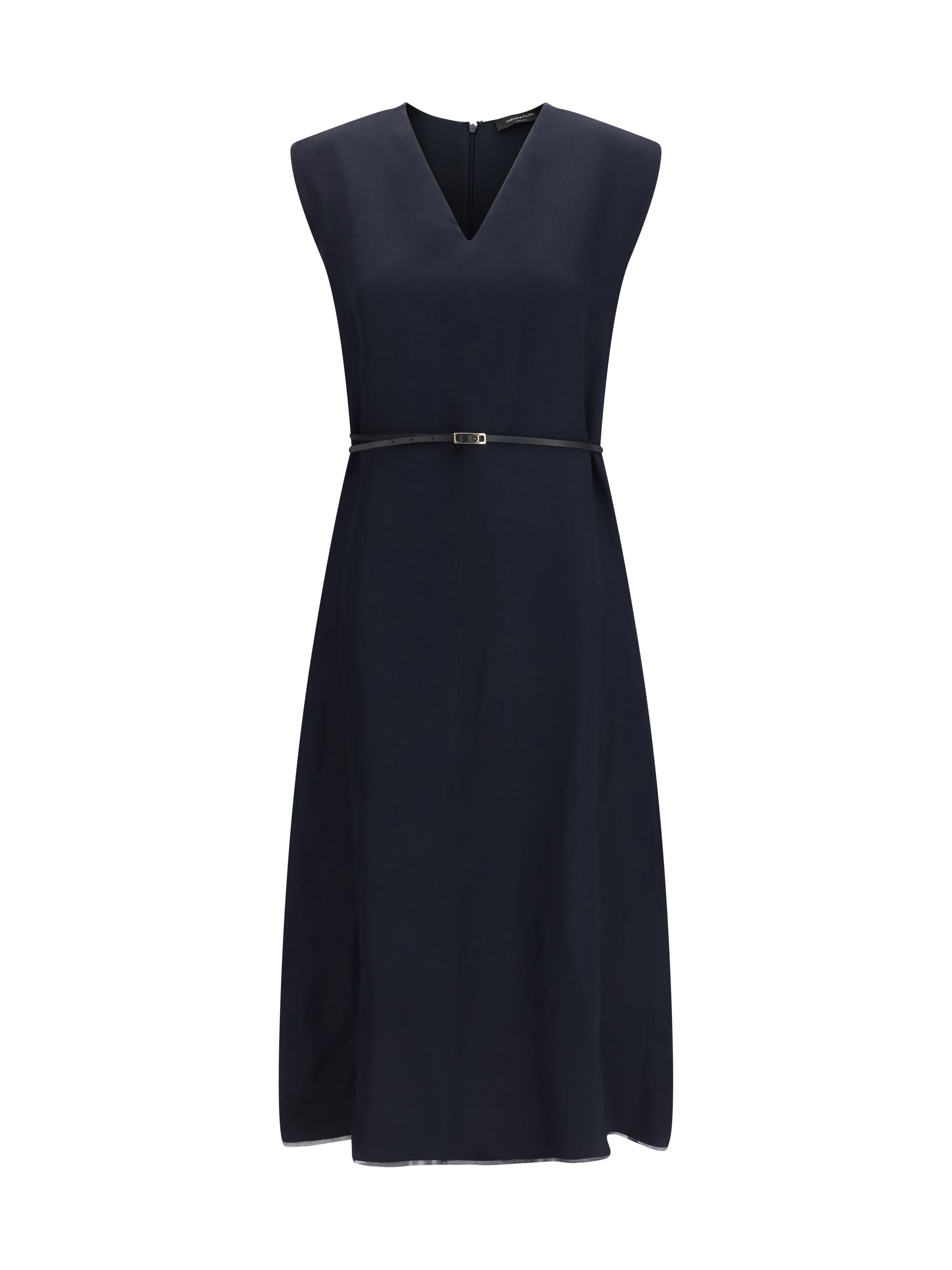 V-Neck Belted Dress — Navy