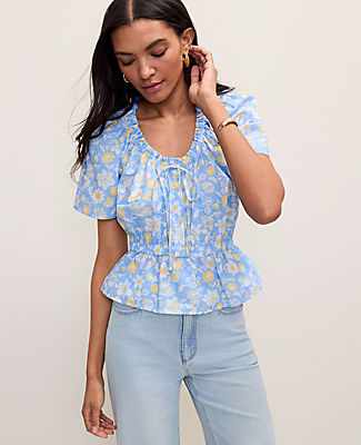 Ann Taylor Weekend Floral Gathered Peplum Blouse