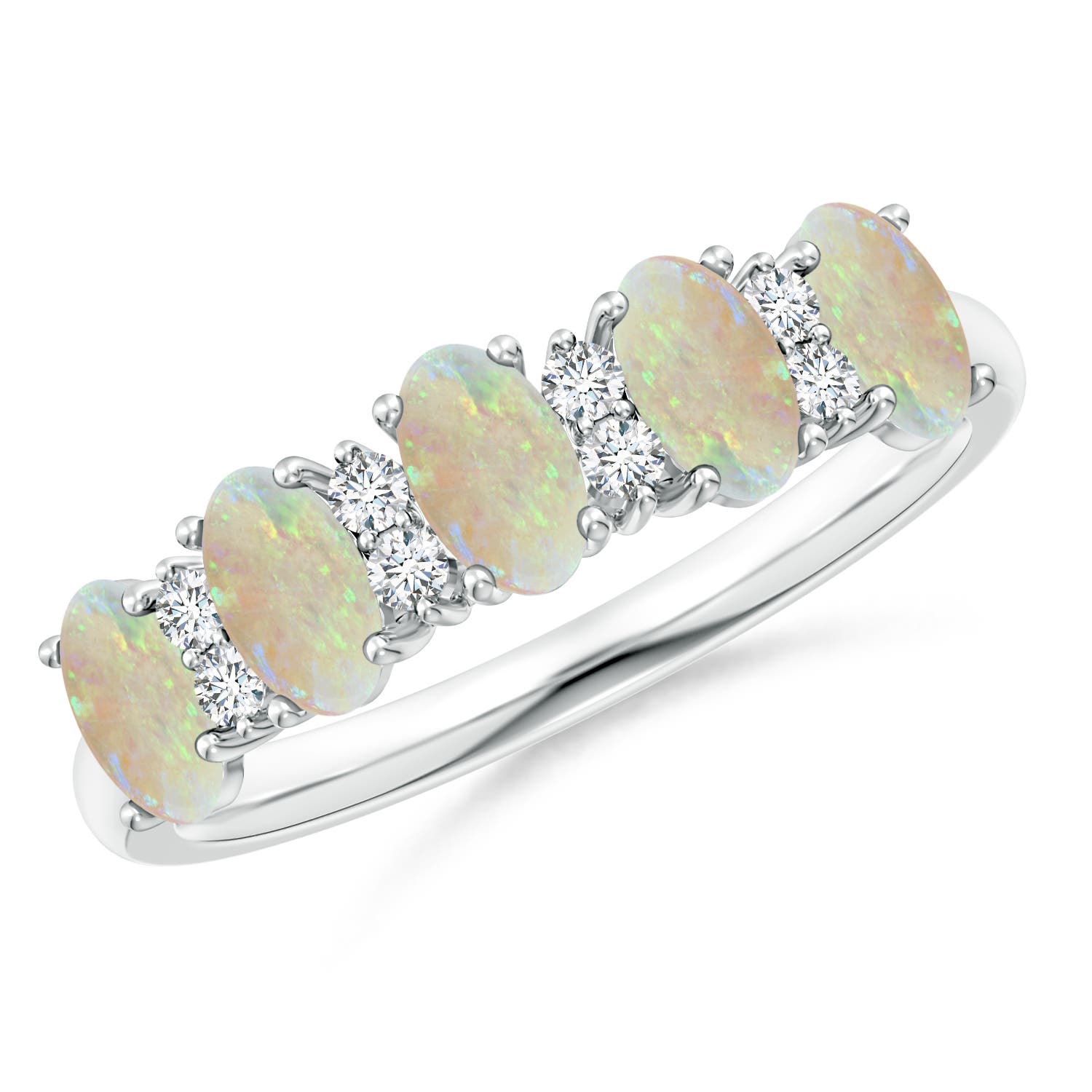 Angara 0.75 Carat Five Stone Opal and Diamond Wedding Ring in Platinum