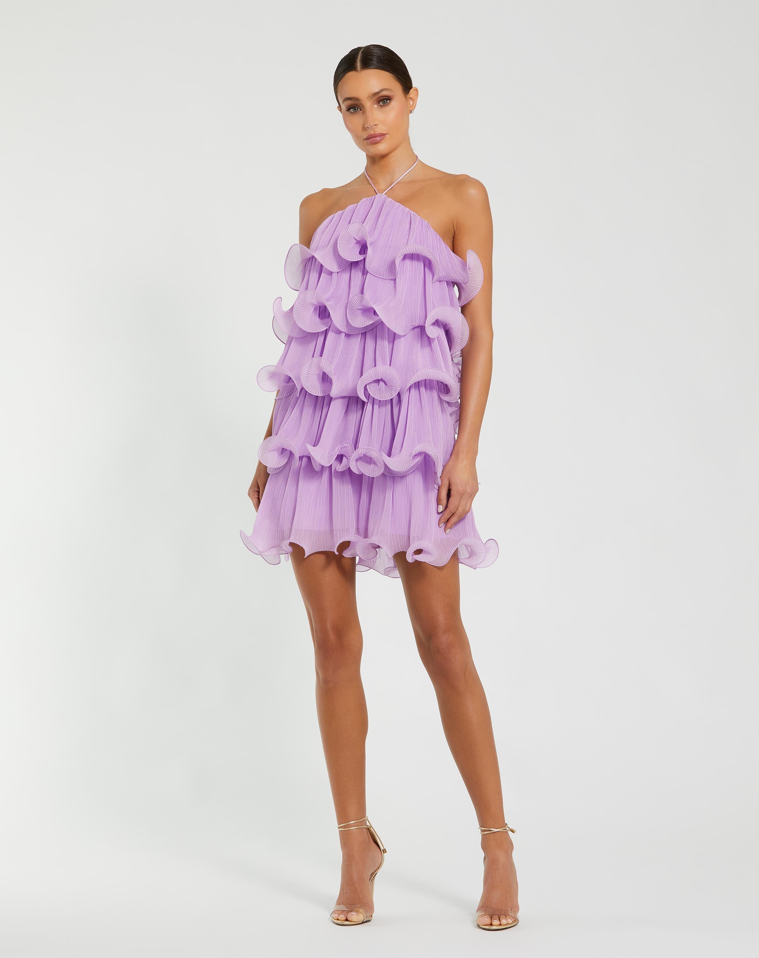Crinkle Chiffon Tiered Ruffle Halter Mini Dress In Lilac