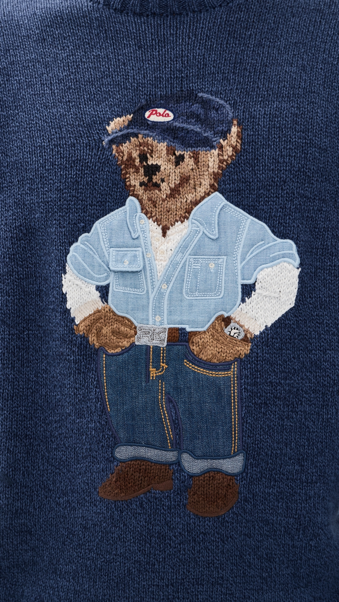 Original Label Cotton Linen Denim Bear Crewneck Sweater Light Navy
