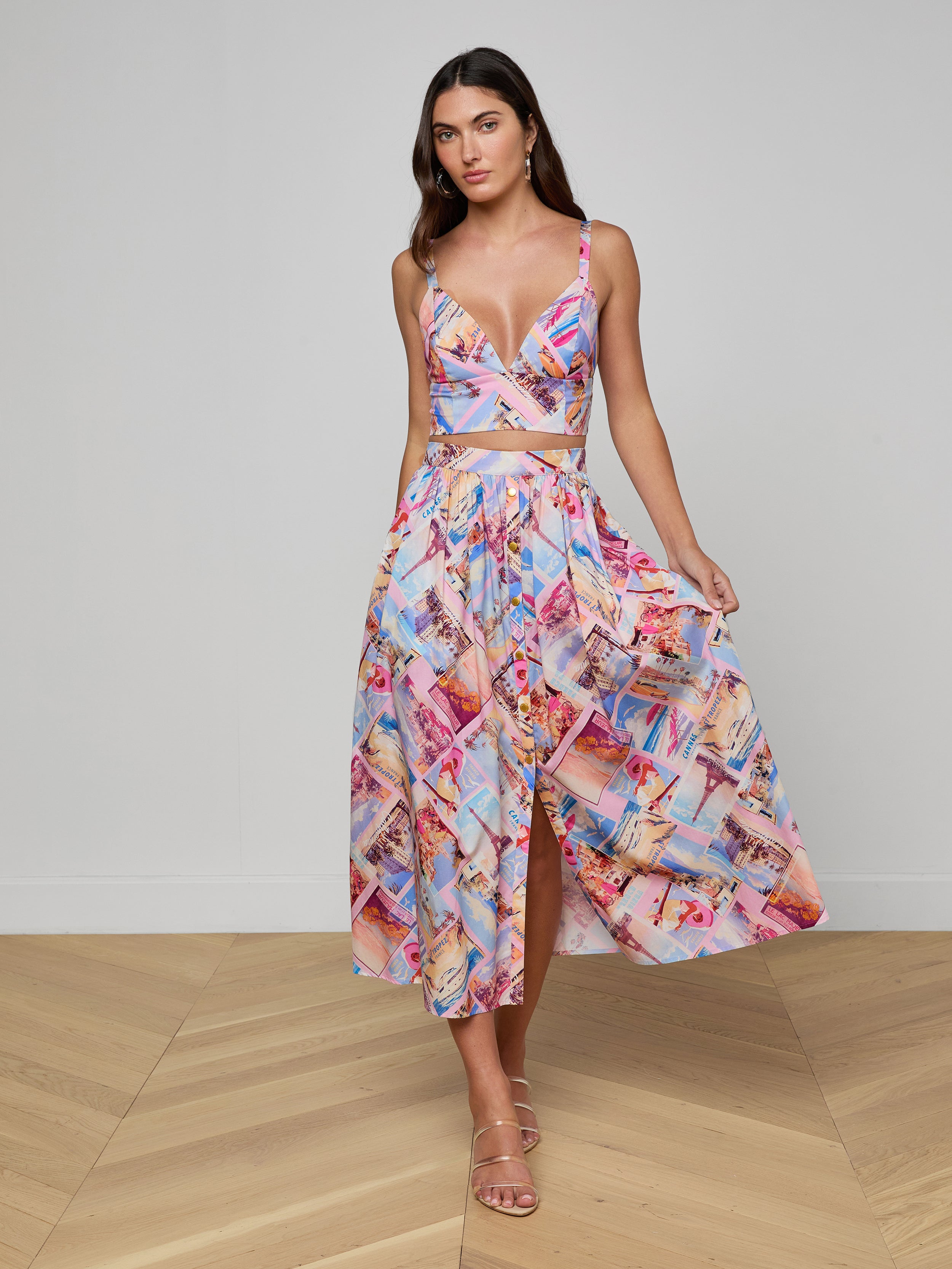 Seina Poplin Midi Skirt In Light Pink Multi Small Postcard Print