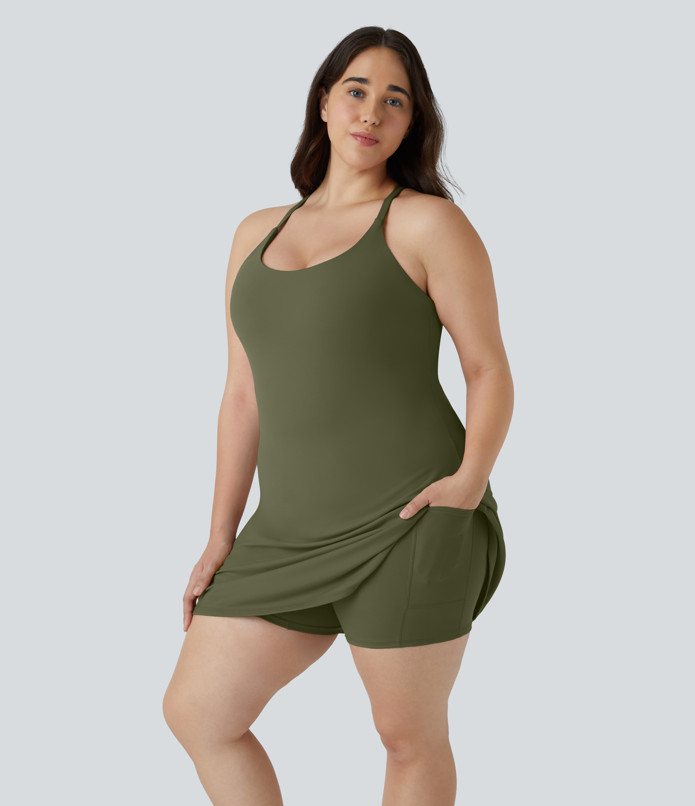 Everyday SoftlyZero™ Plush Backless 2-in-1 Flare Workout Plus Size Dress-Wannabe-Easy Peezy Casual Dress - Grass Grey Green