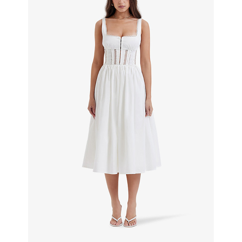 Womens White Perle Lace-trim Stretch-cotton Midi Dress