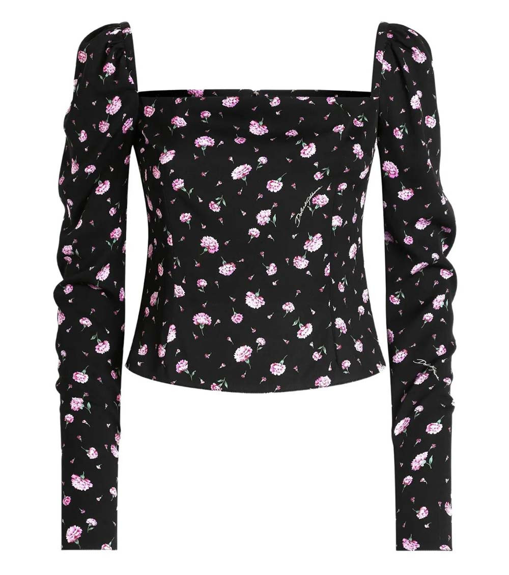 Black Square Neck Floral Print Top