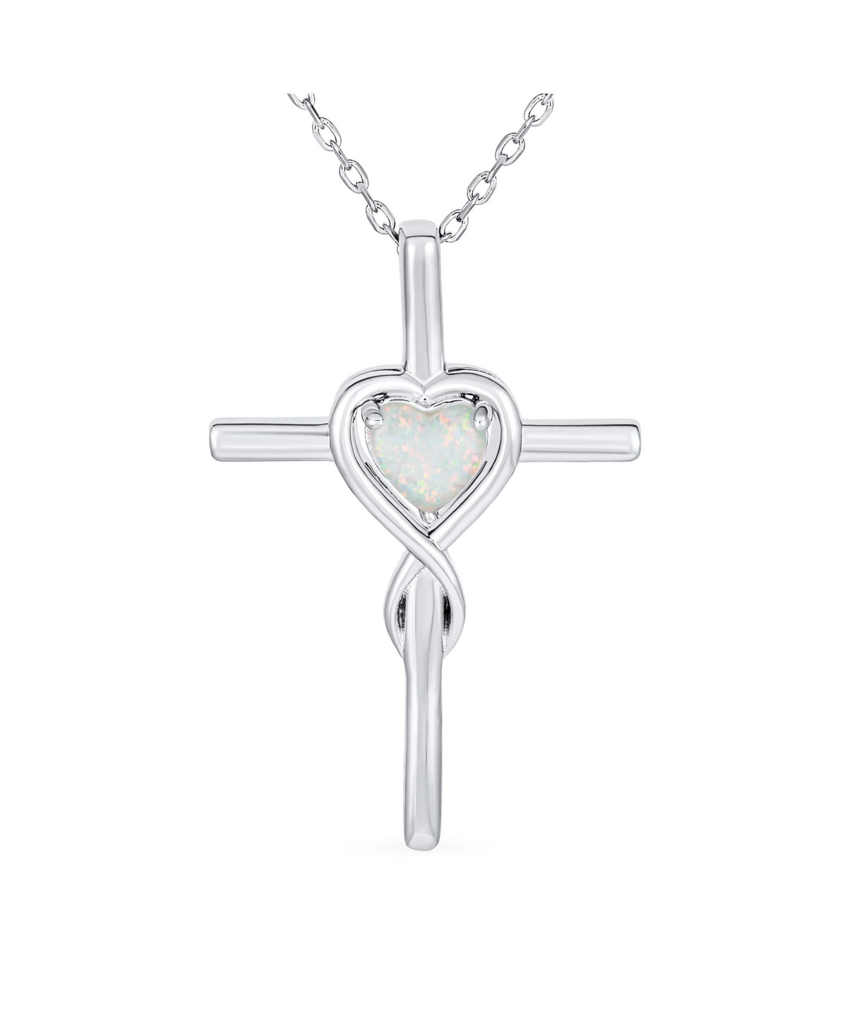 Timeless Religious Faith Hope Love Forever Synthetic White Opal Heart Infinity Cross Necklace Pendant Sterling Silver - Silver