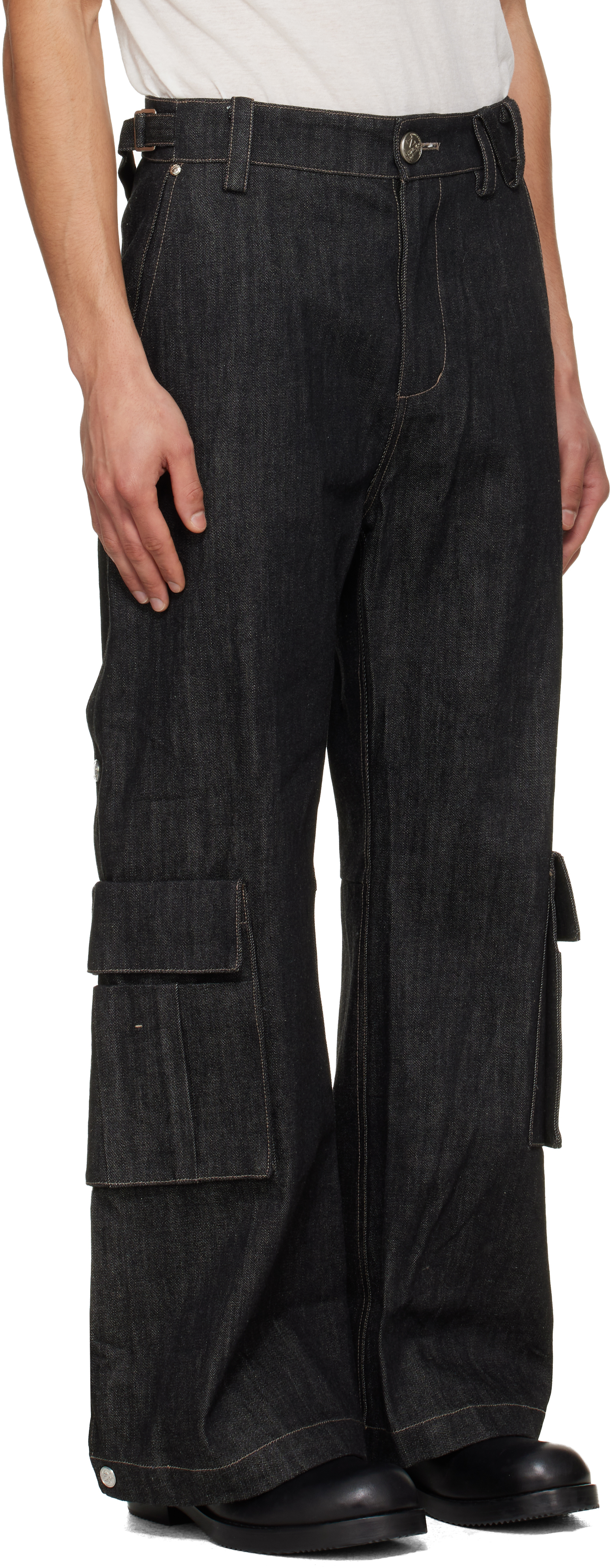 Black Whale Fin Snap-On Denim Cargo Pants