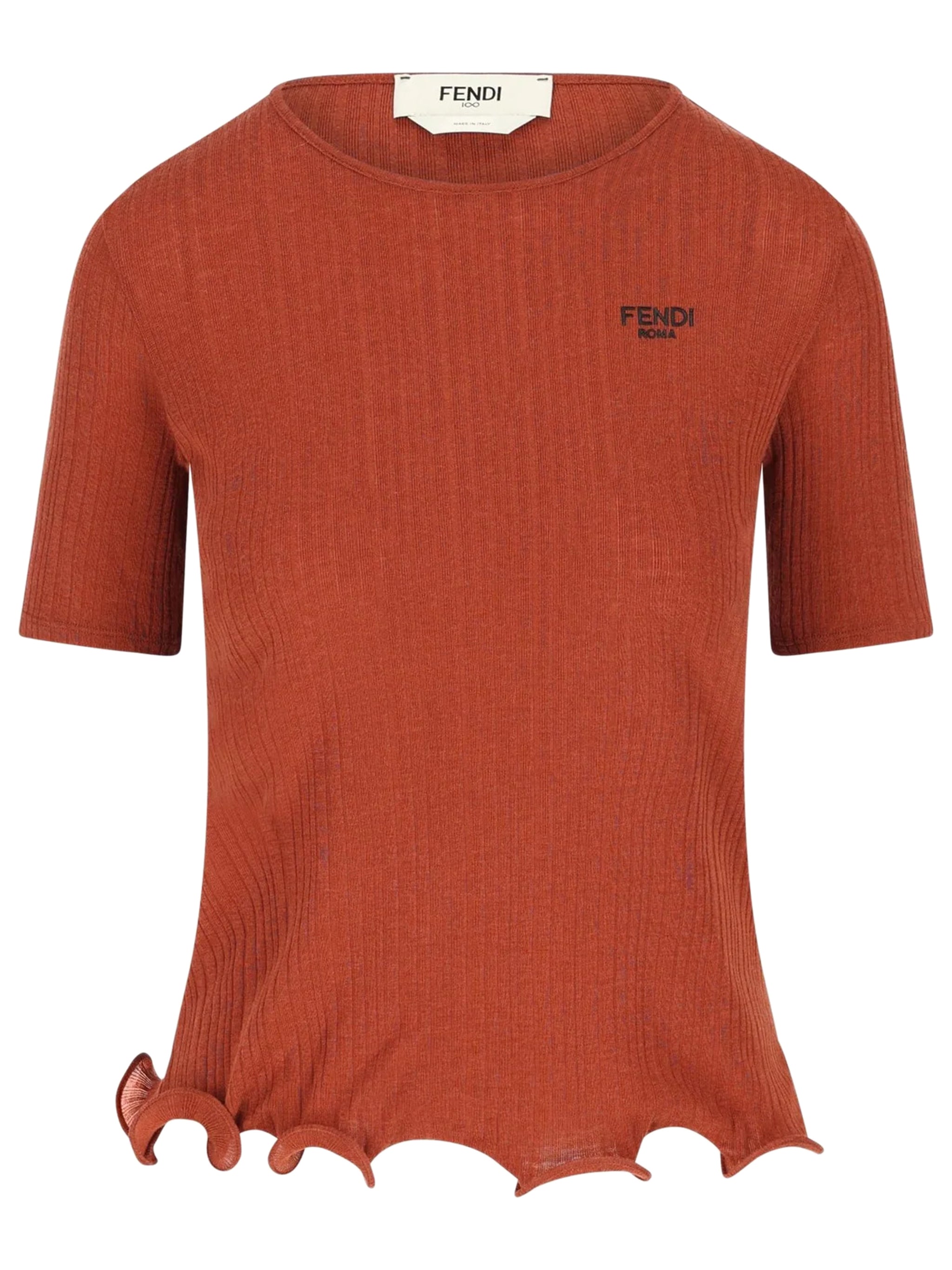 Women's Ribbed Knit Crew Neck Top with Wave Hem and Logo Embroidery