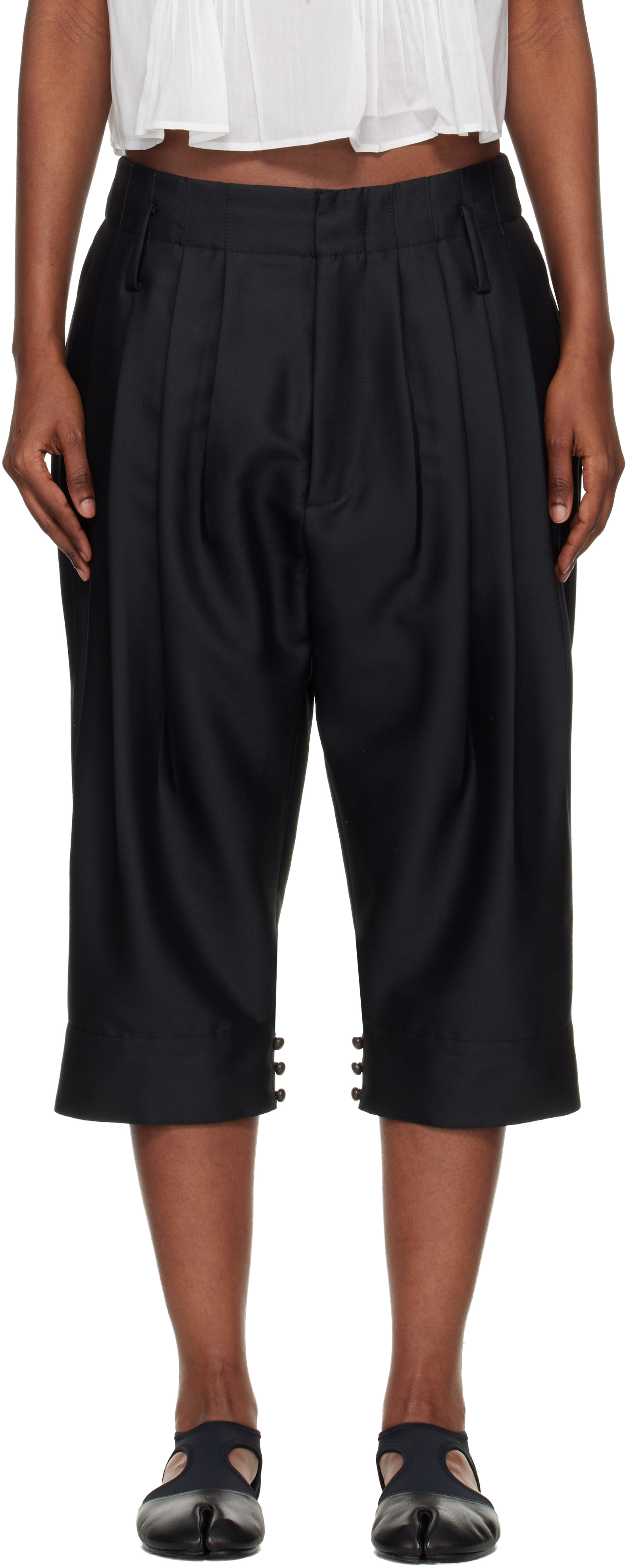 Black Paris Tailored Cropped Pleated Trousers