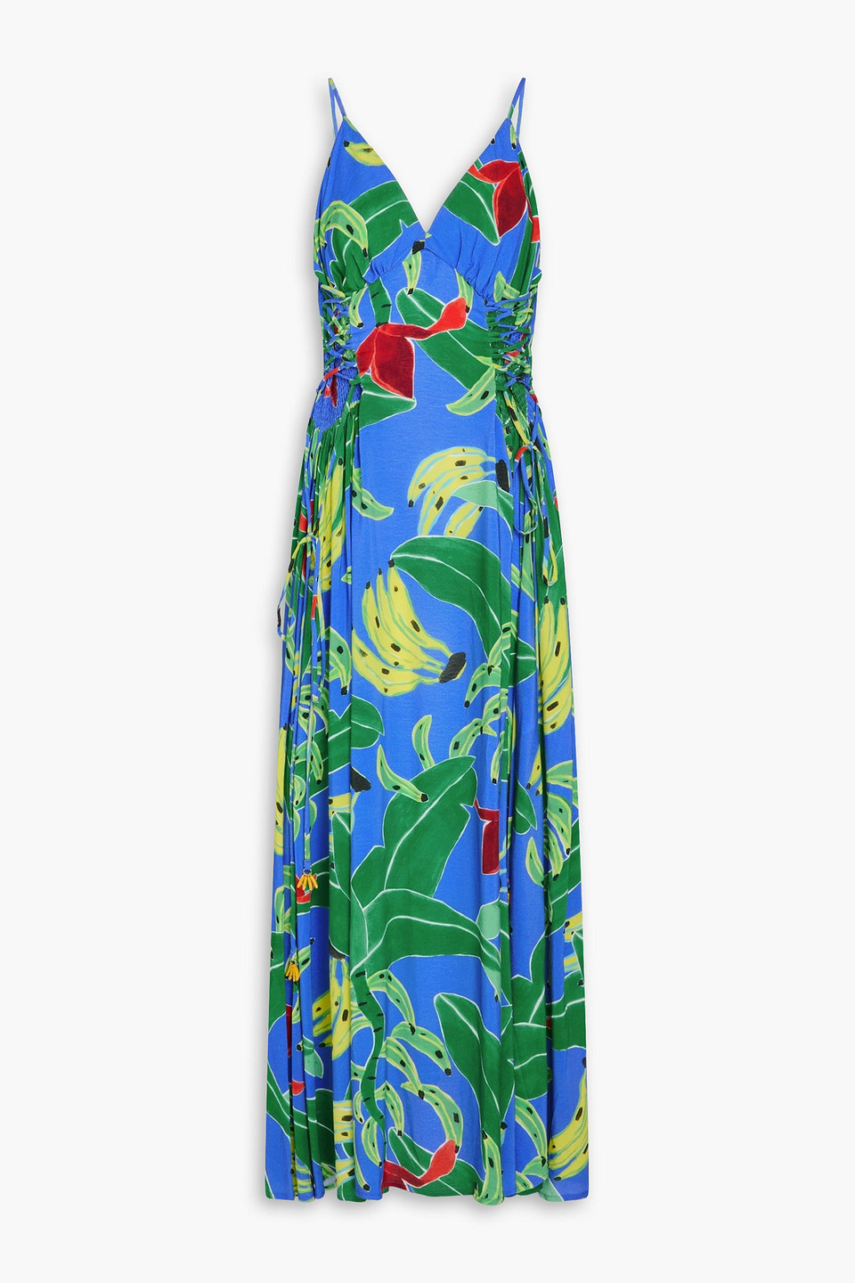 Lace-up printed woven maxi dress - Blue - XXS