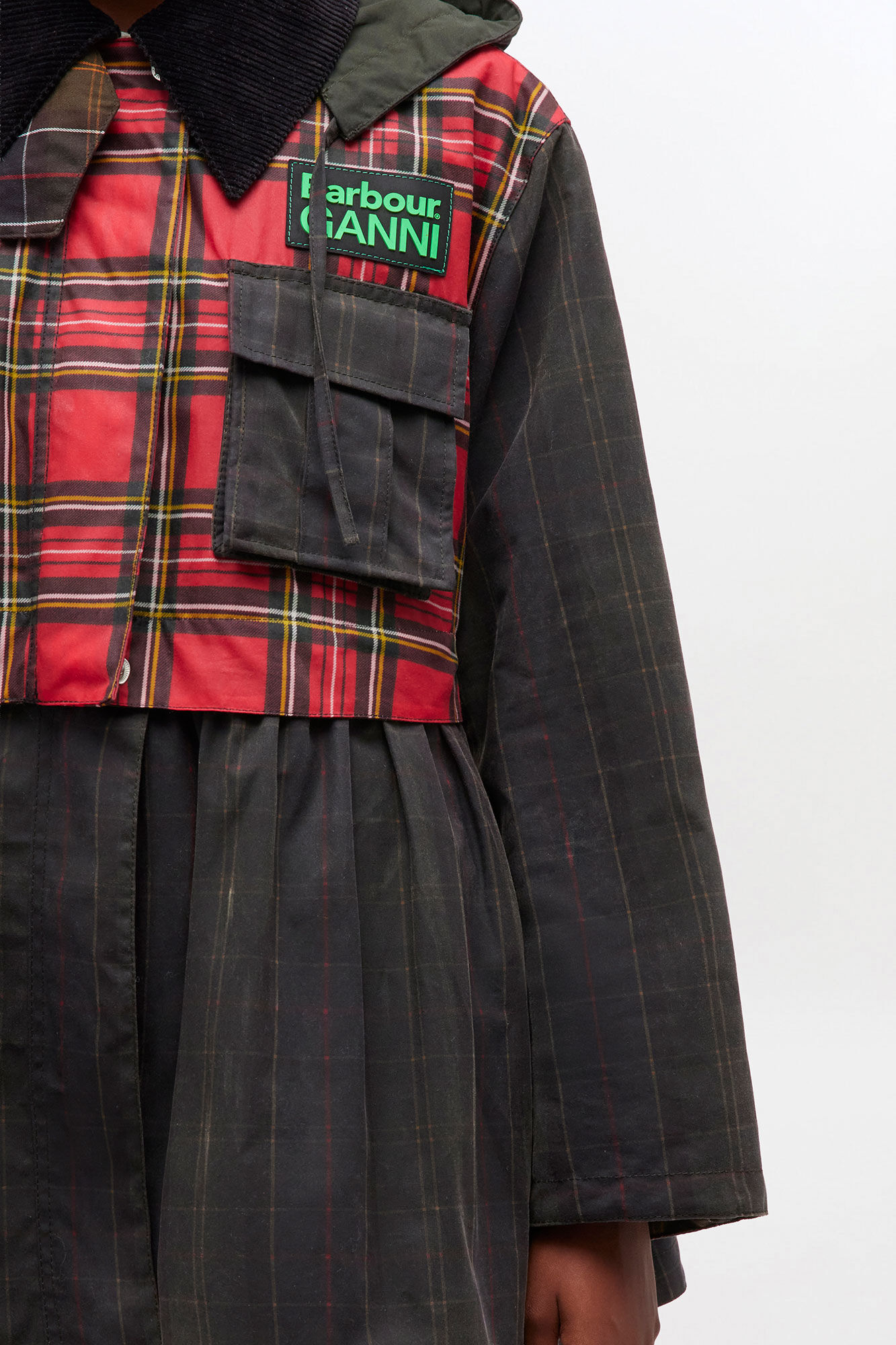 Green x Barbour Peplum Wax Jacket in Tartan