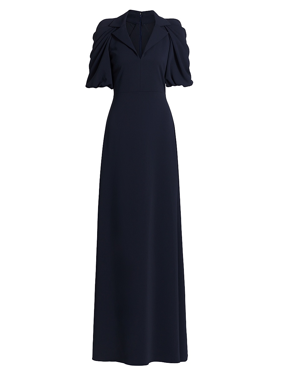 Women's Crepe Puff-Sleeve Evening Gown - Navy