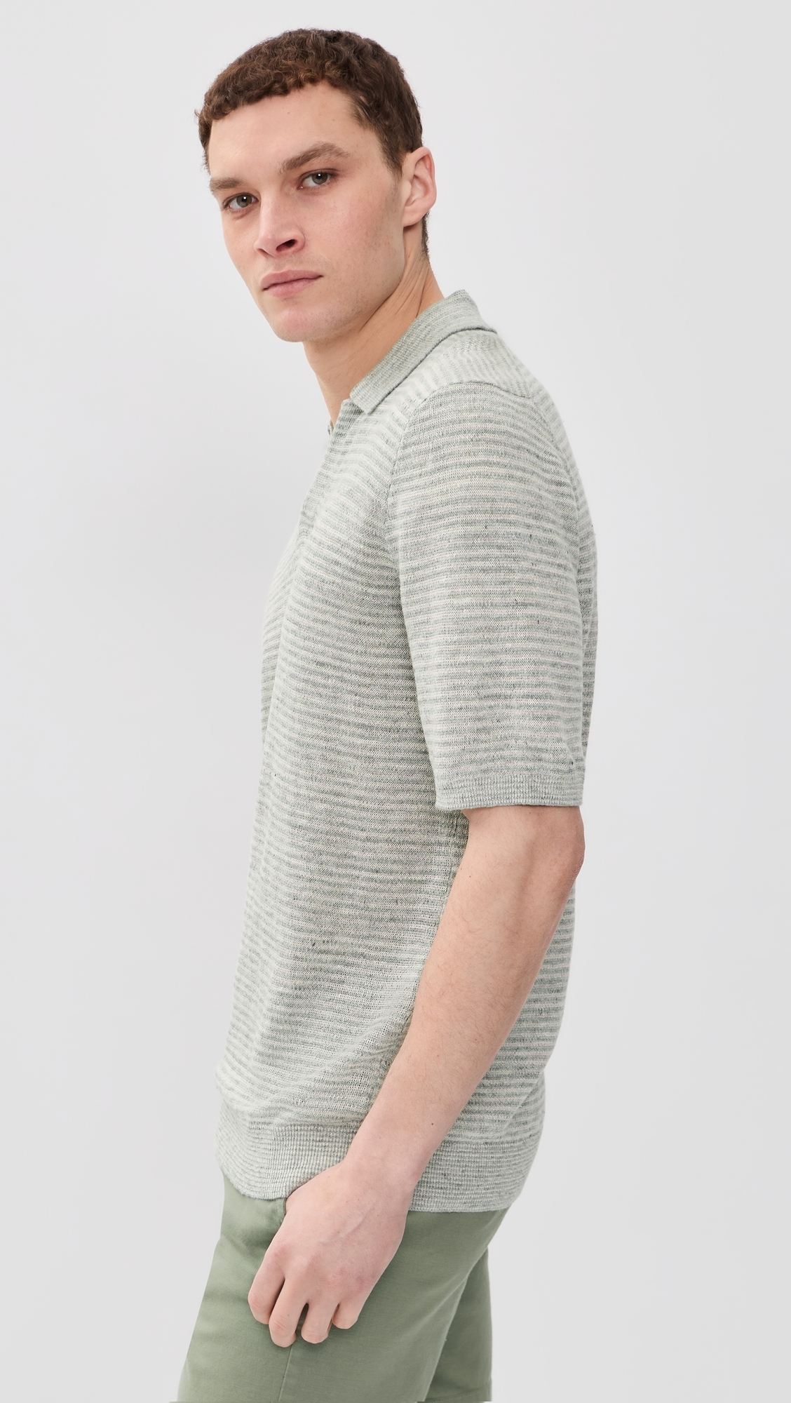 Short Sleeve Linen Sweater Polo Beach Tree Stripe