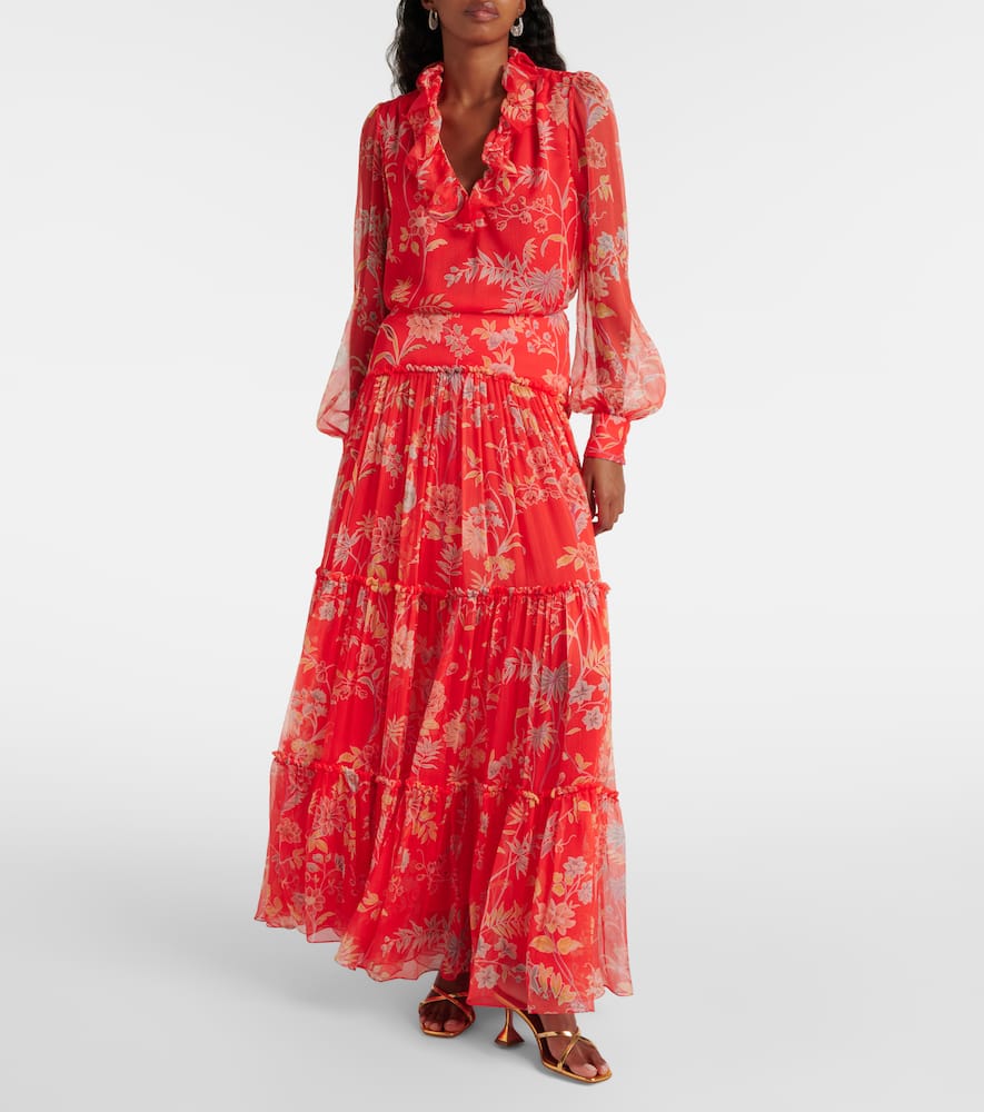 Floral tiered silk maxi skirt