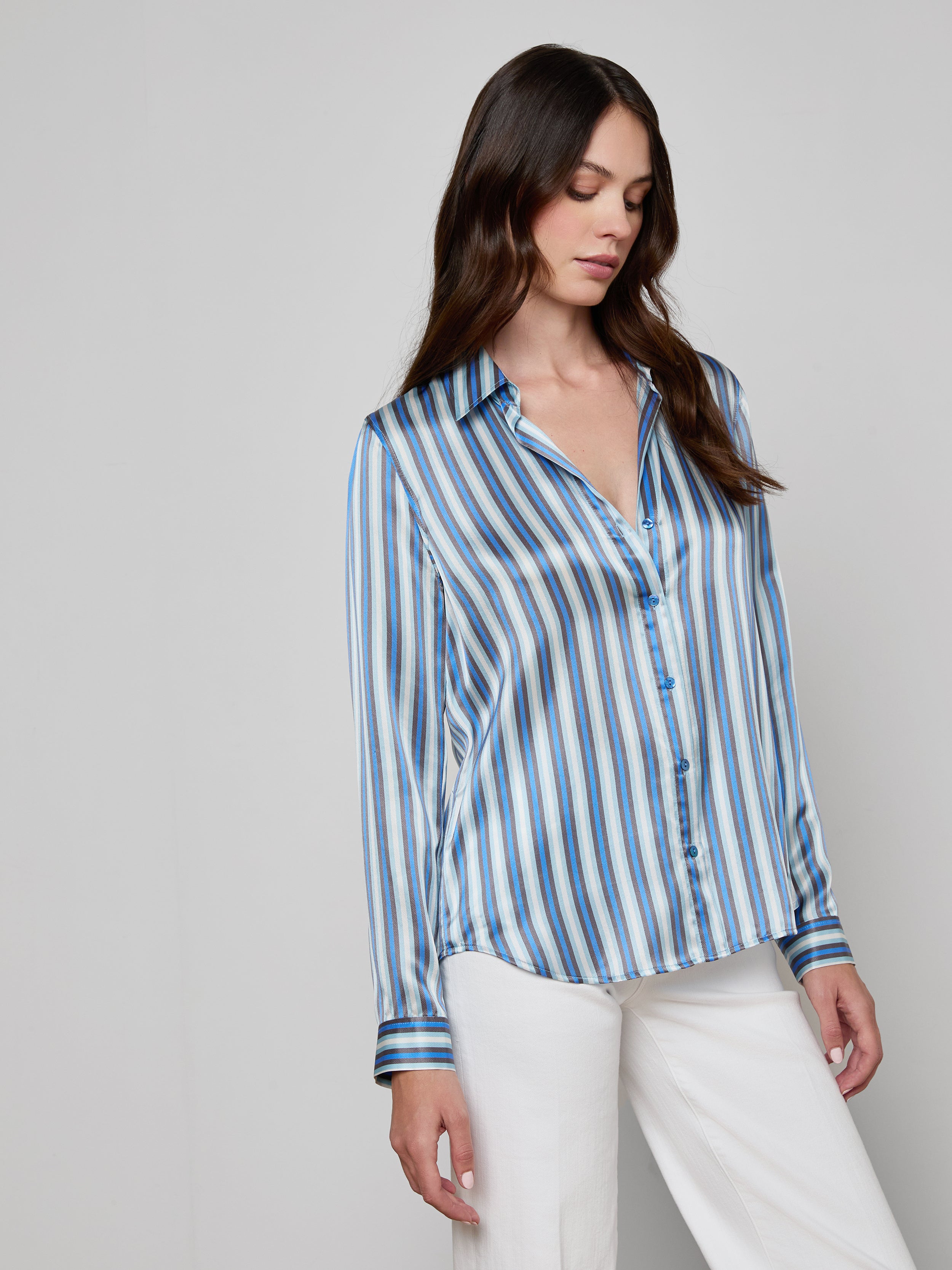 Tyler Silk Blouse Top In Blue Multi Herringbone Stripe