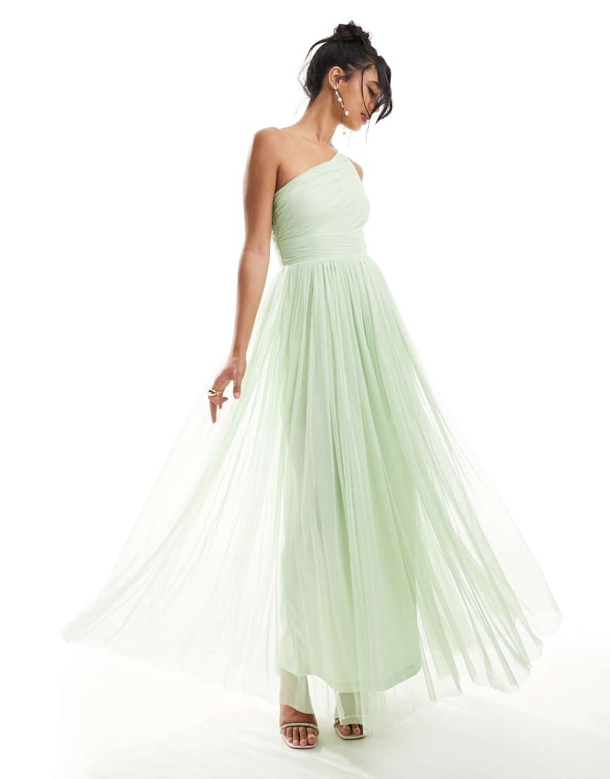 Lace & Beads Bridesmaid one-shoulder tulle maxi dress in sage-Green