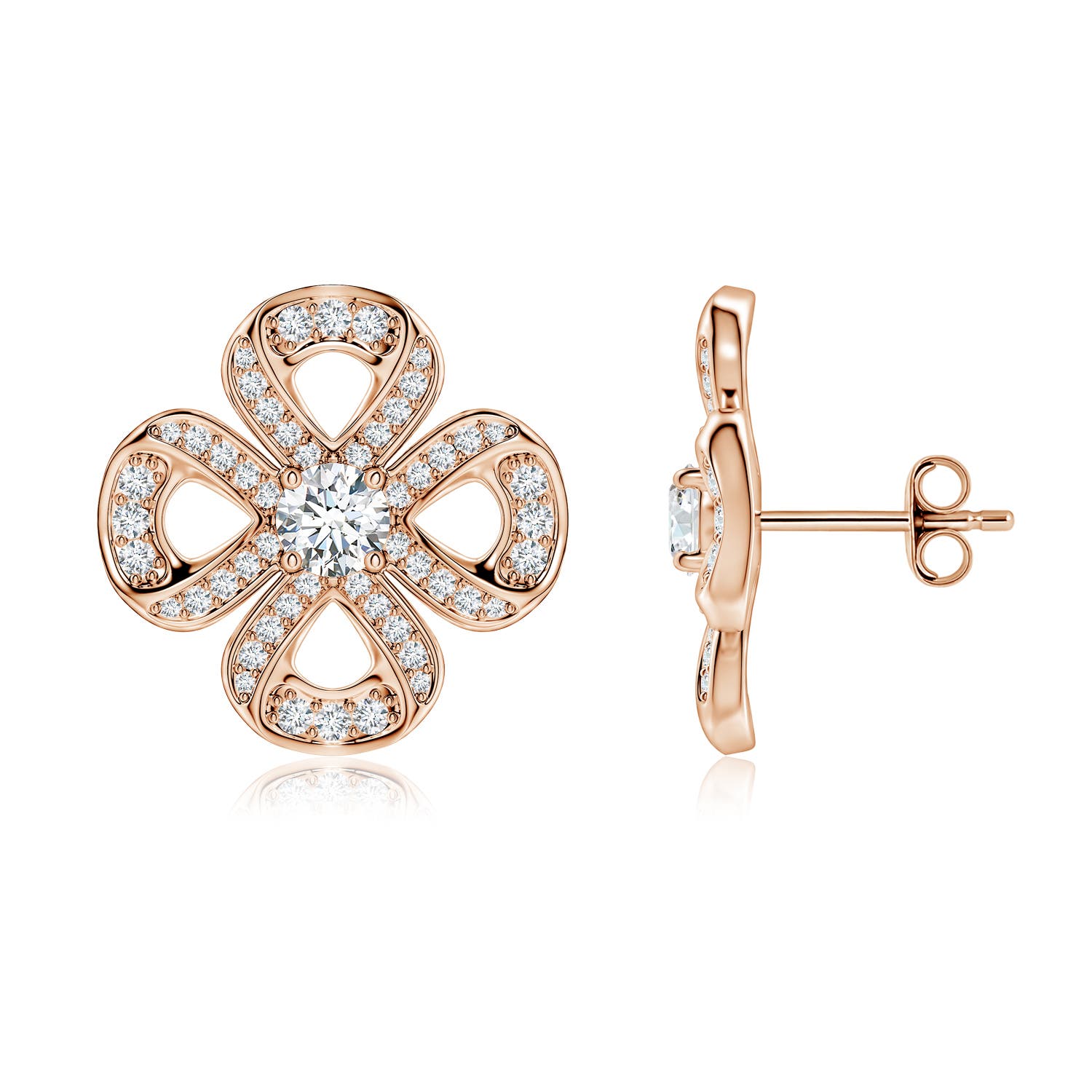 Angara 1.11 CTW Round Lab-Grown Diamond Four Leaf Clover Stud Earrings in 14K Rose Gold
