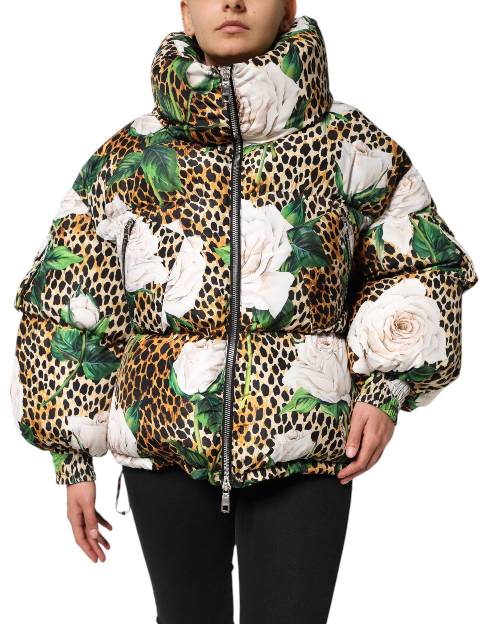 Leopard Floral Print Down Jacket — Multicolor