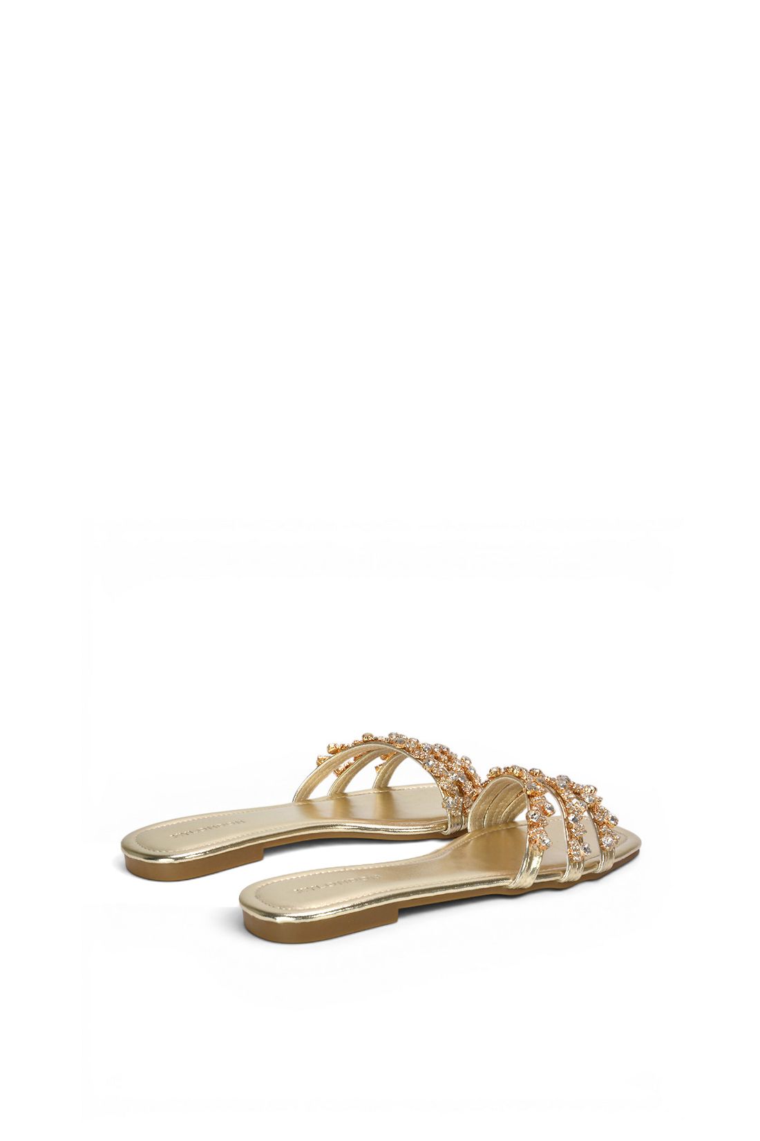 XY London Women's 'Hazel' Flat Diamante Slider Sandals w/ Square Toe in Metallic Gold