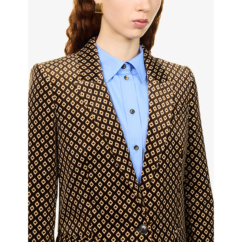 Womens Sharp Shoulder Geometric-Print Velvet Blazer
