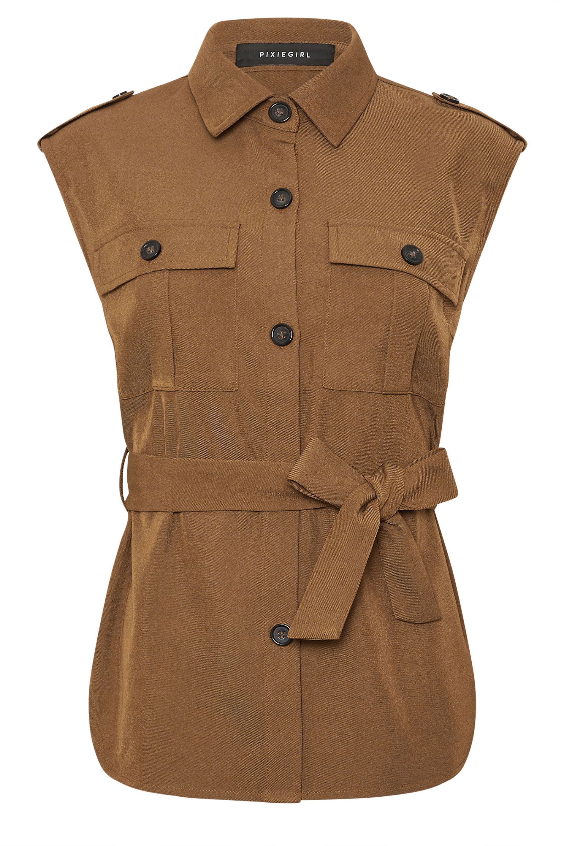 PixieGirl Women's Petite Belted Utility Shirt in Brown