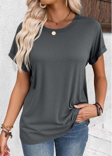 Modlily Dark Grey Short Sleeve Round Neck T Shirt