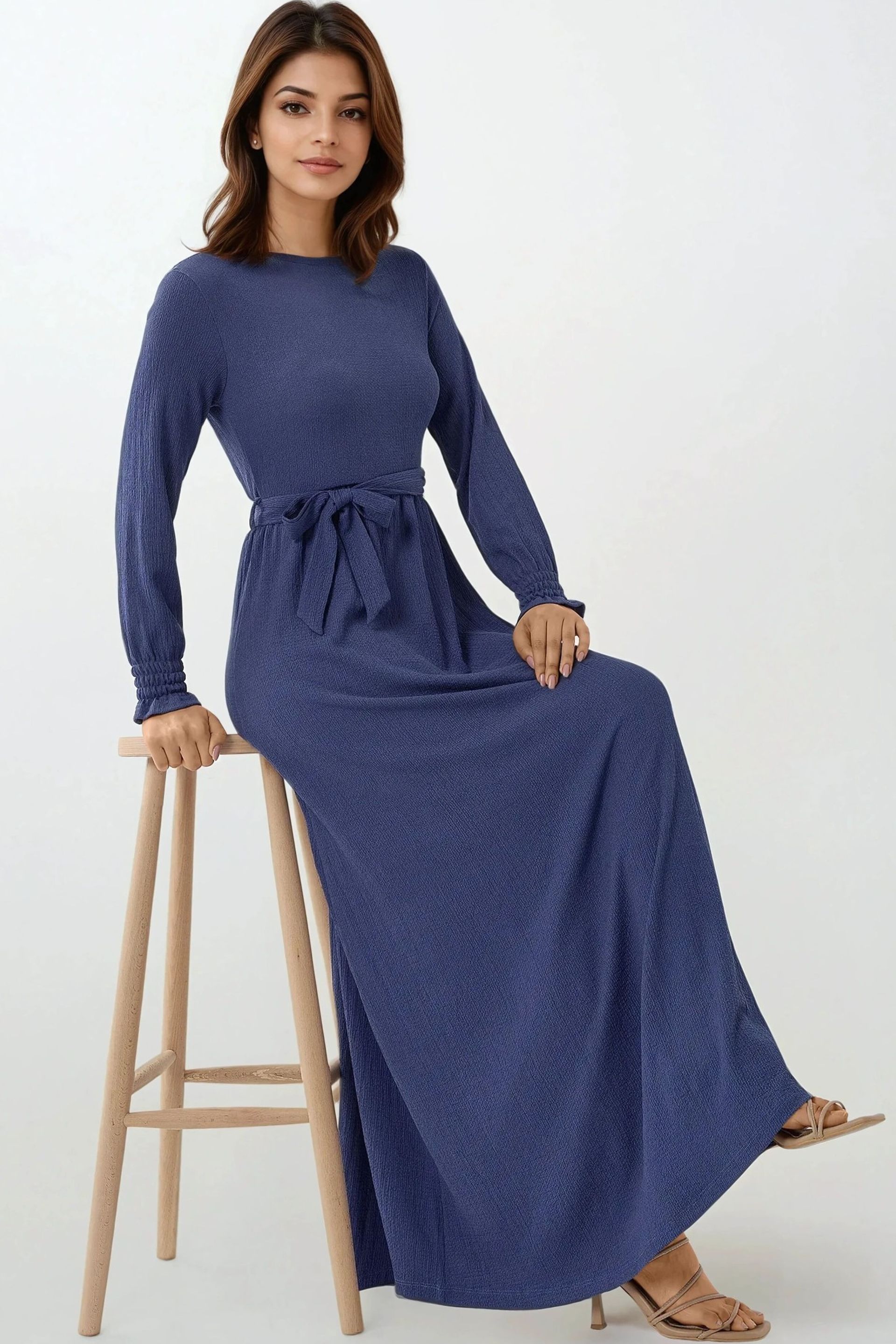 Oxford Blue Textured Crew Neck Maxi Dress Women