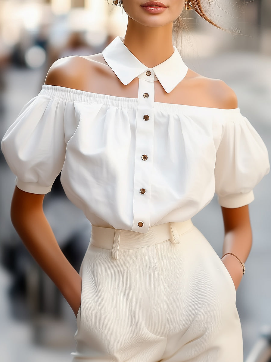 Chic Off-Shoulder Button-Up Blouse with Statement Collar - White