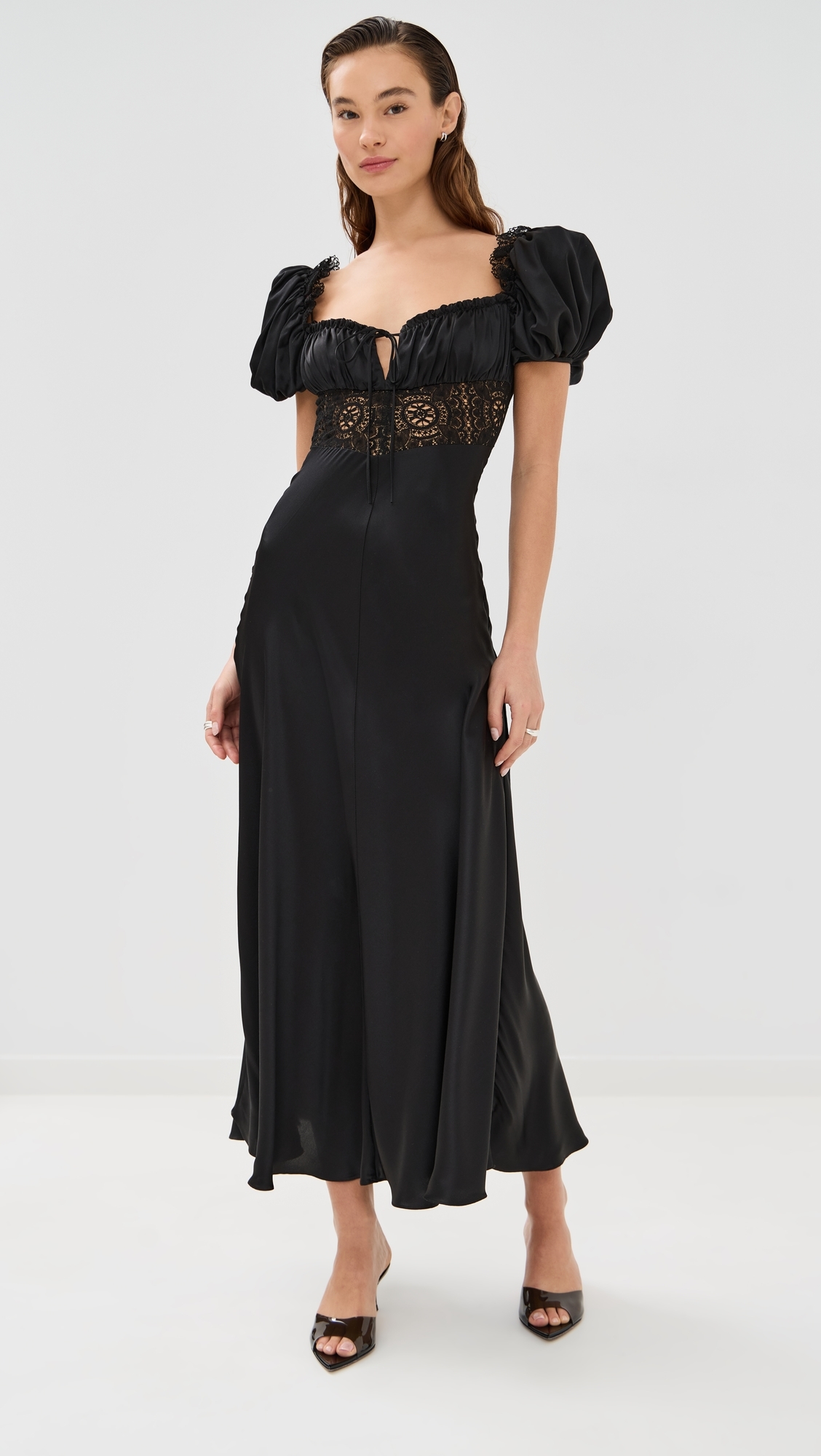 Satin Bias Dress with Gathered Bust and Black Lace Detail Black