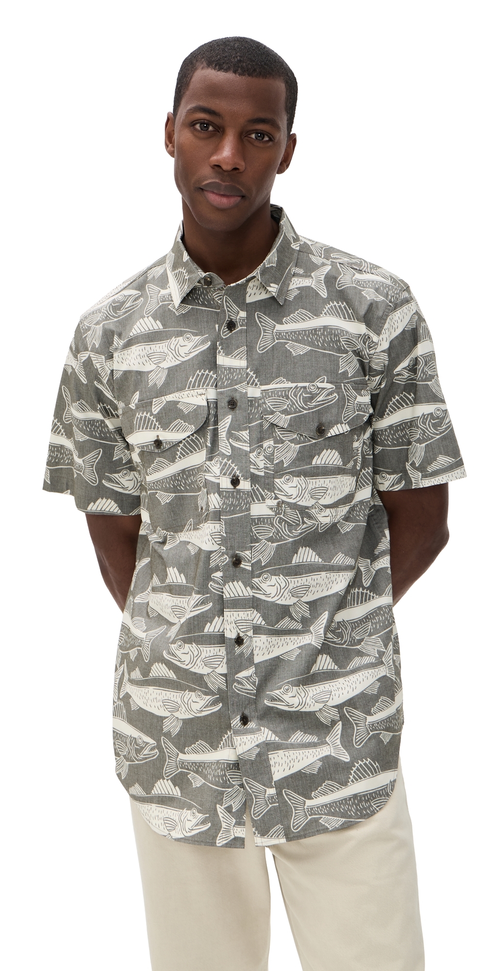 Twin Lakes Short Sleeve Sport Shirt Beluga/Bold Fish Print
