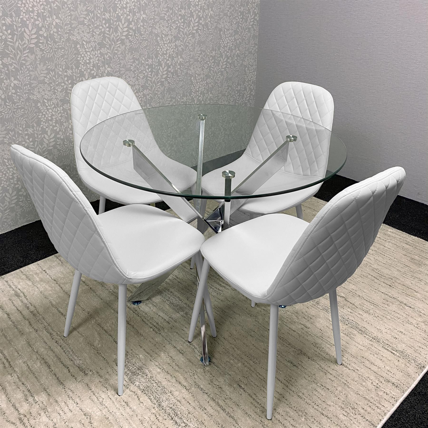 KOSY KOALA Round Glass Dining Table Set With 4 White Gem Pattern Chair