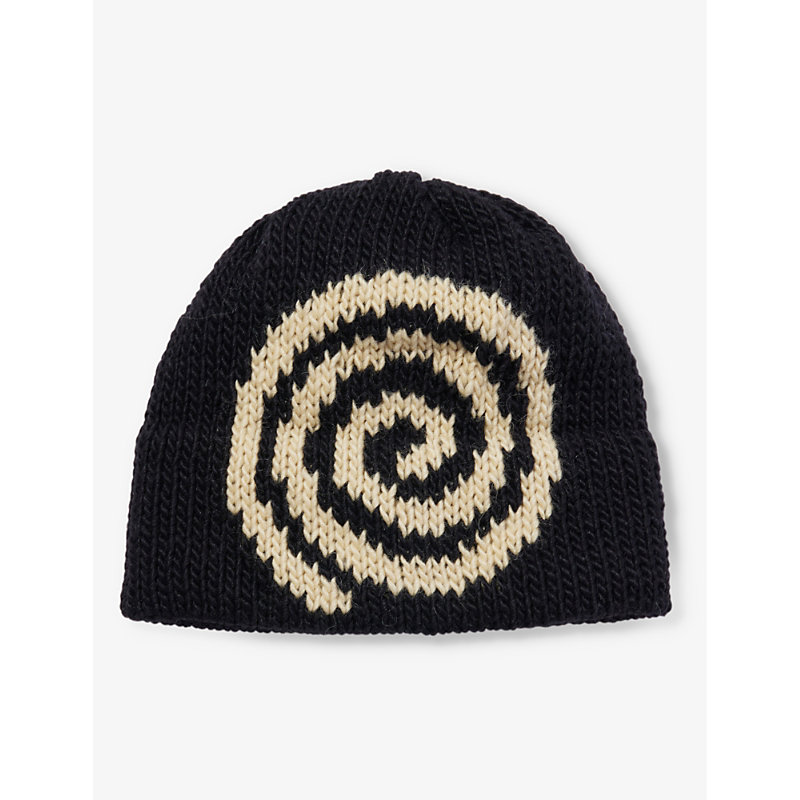 Mens Black/cream Spiral-pattern Knitted Wool-blend Beanie