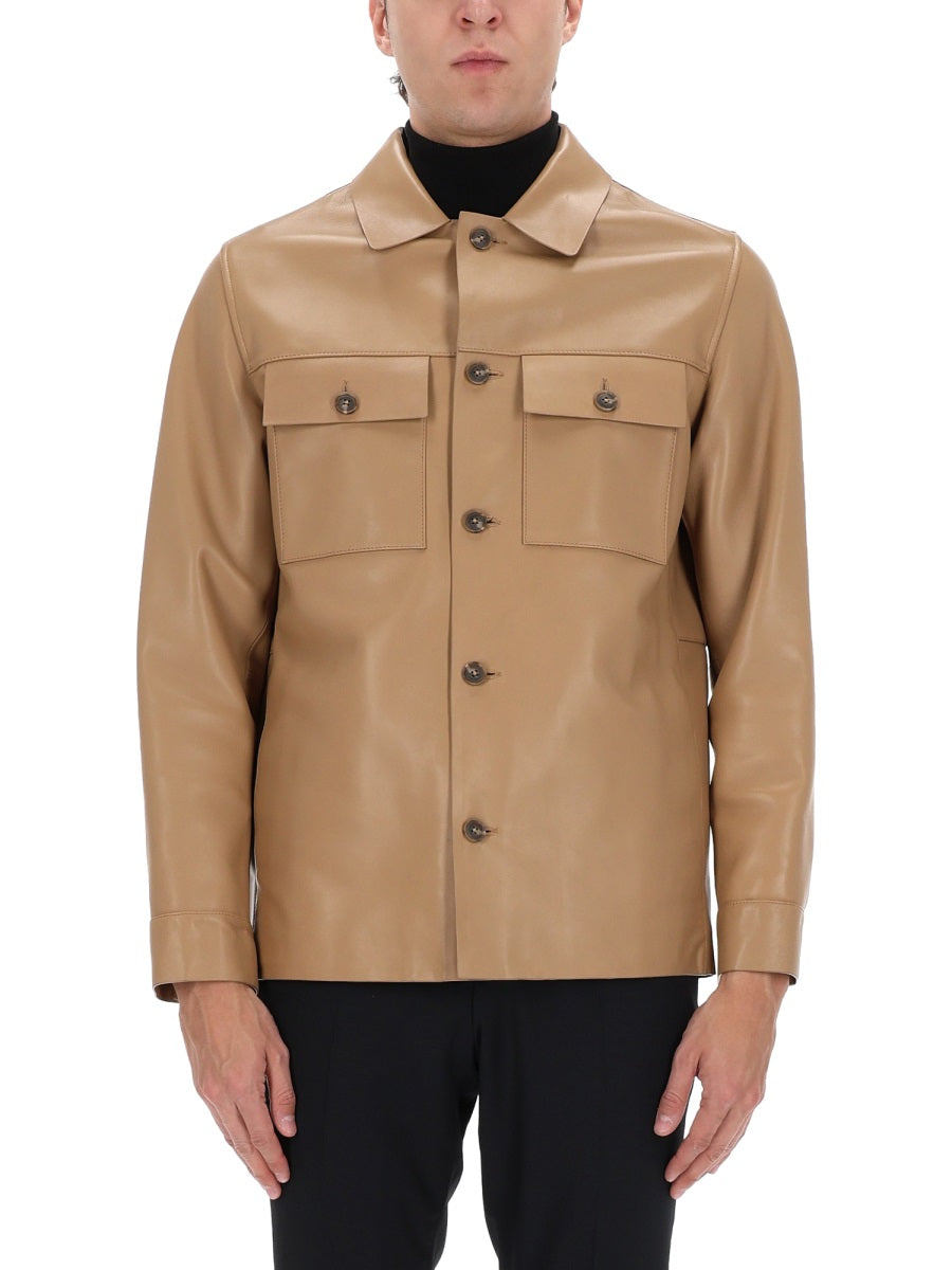 Shirt-style Leather Jacket with Flap Pockets