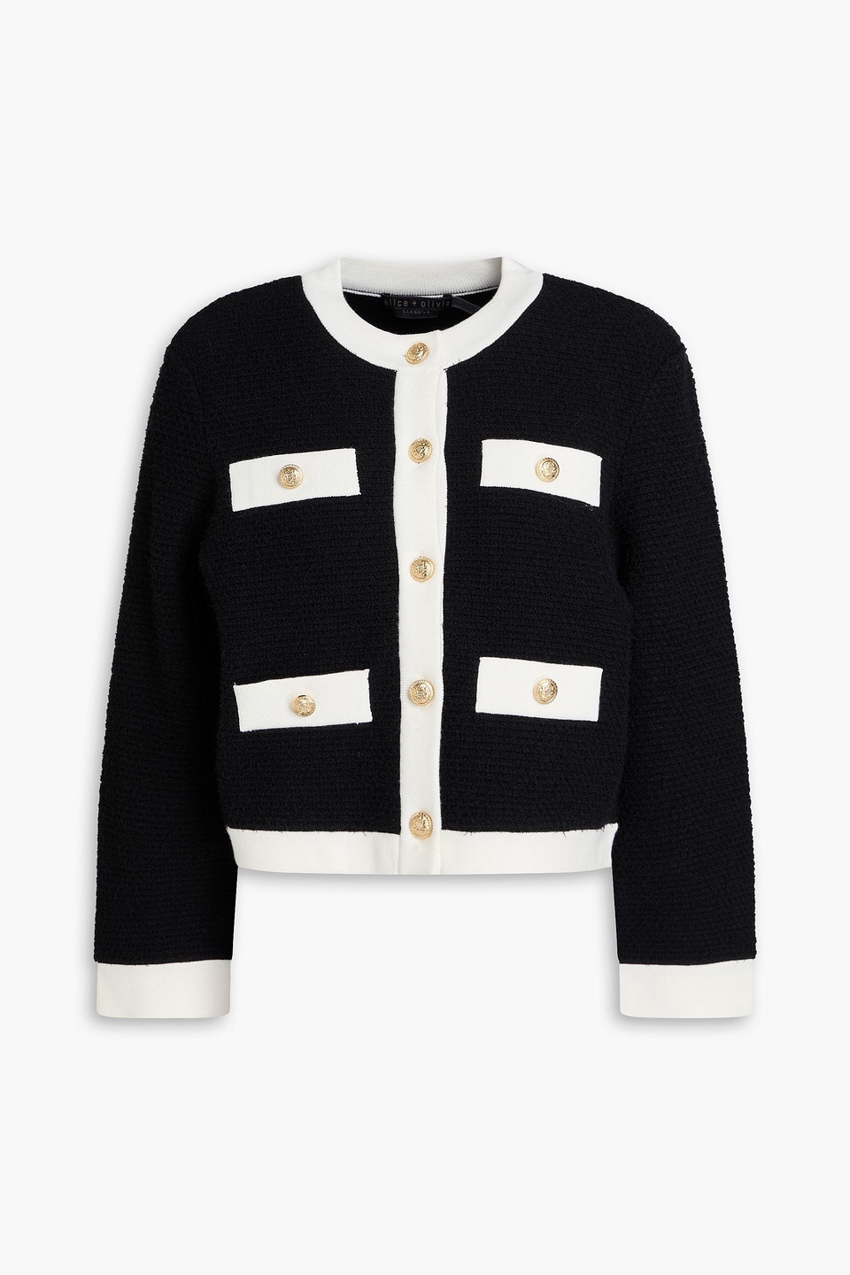 Alice Olivia - Claira cropped two-tone textured-knit cardigan - Black - S