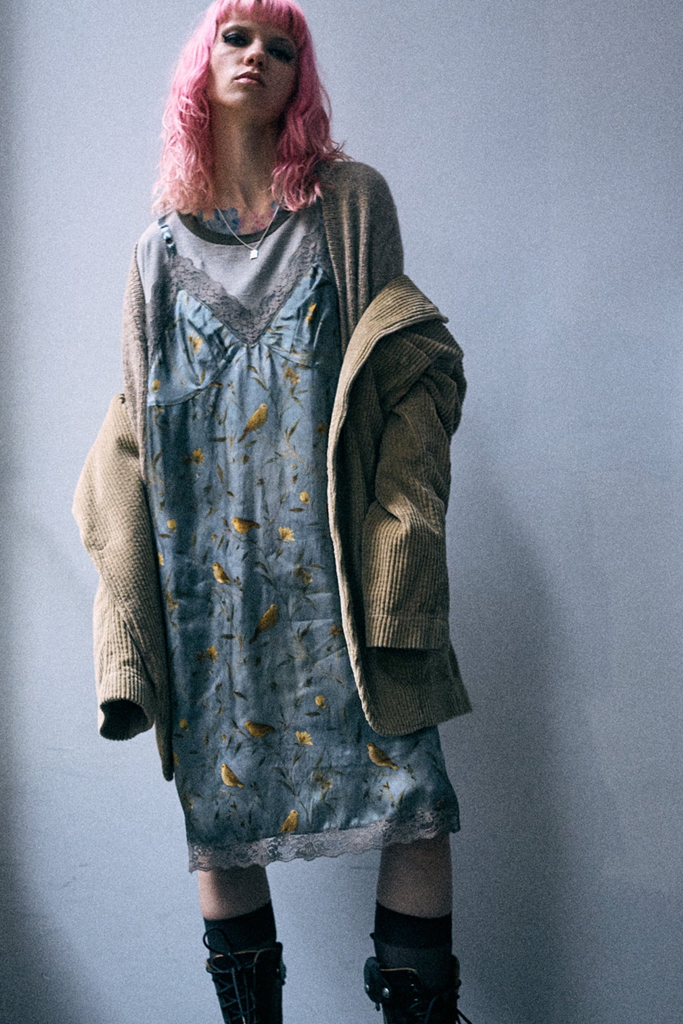 R13 Oversized Tee Dress With Slip - Khaki Stripe