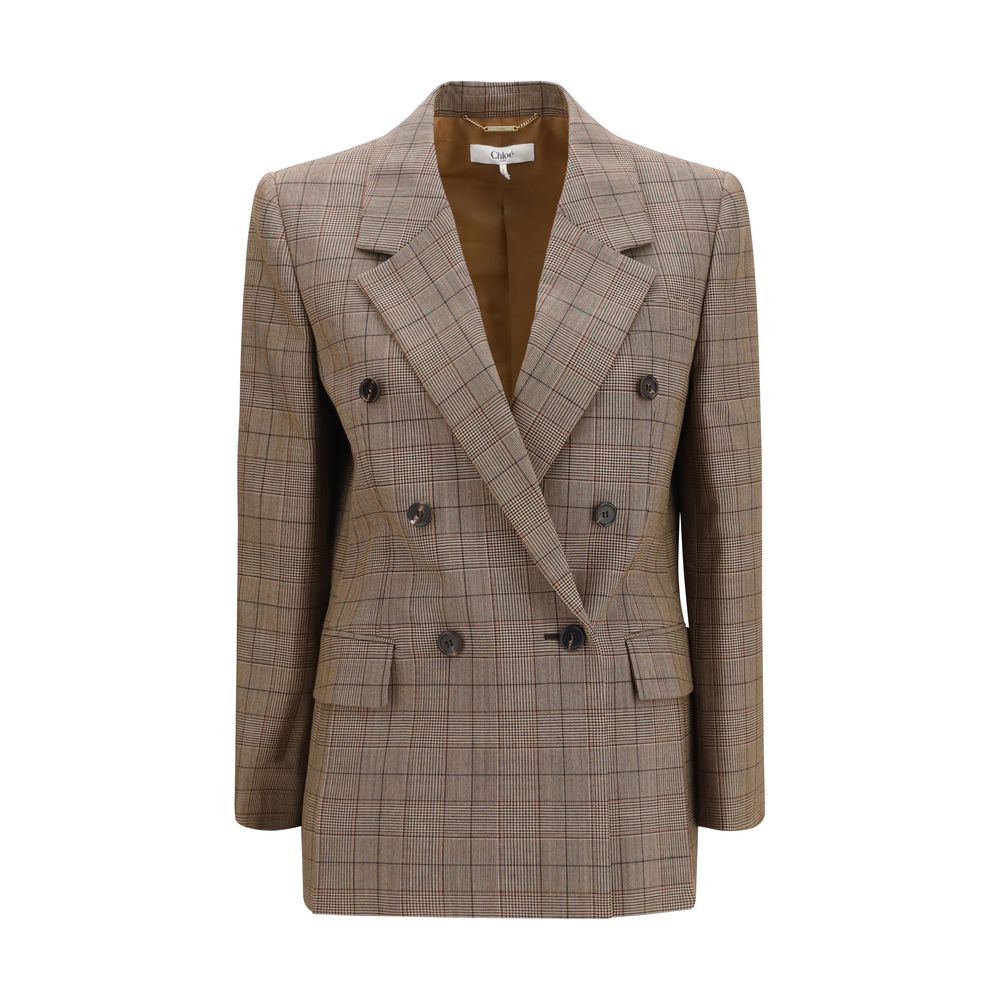 Checked Double-Breasted Wool Blazer — Beige
