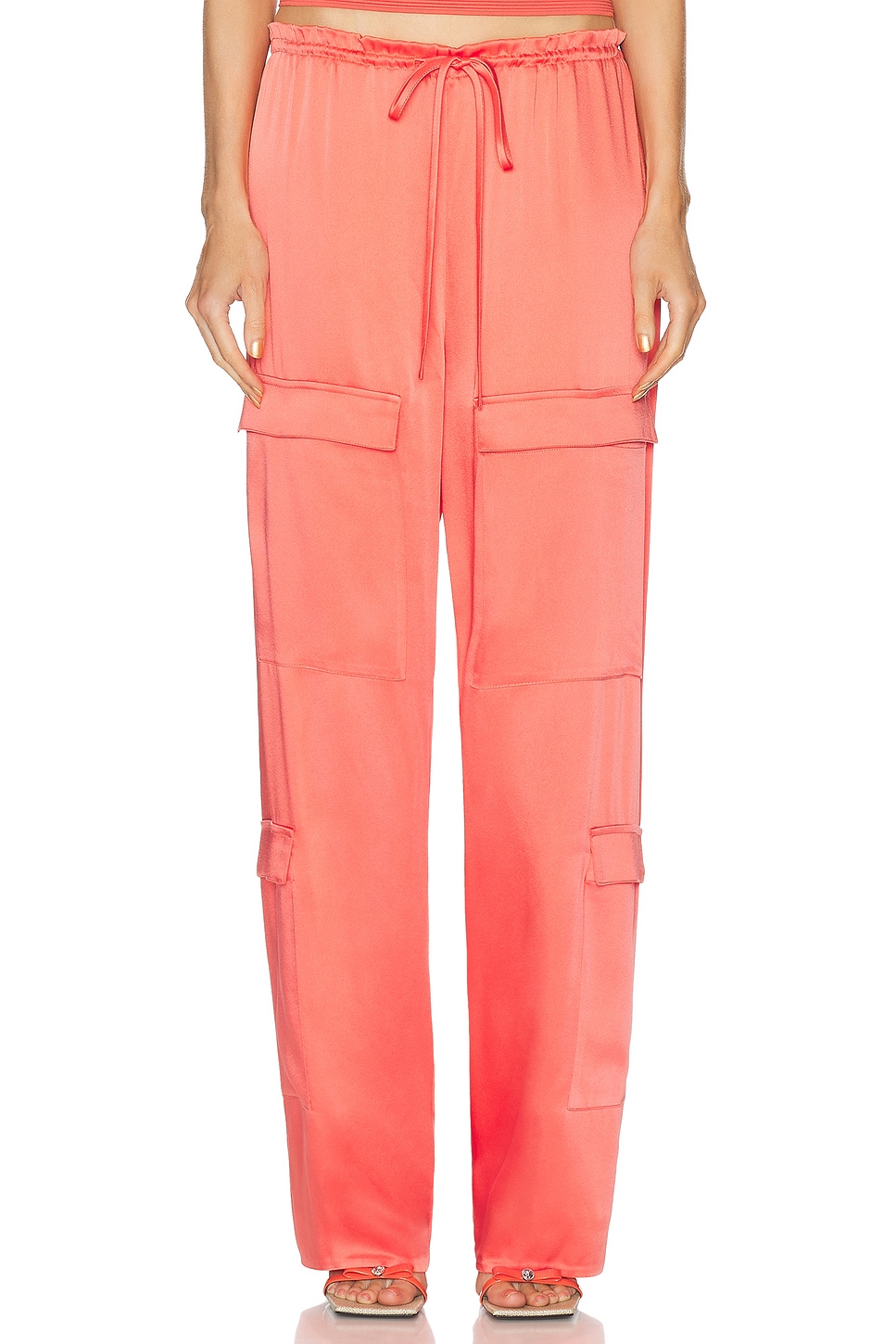 Lapointe Doubleface Satin Drawstring Cargo Pant in Hot Coral - Coral.  XS also in L