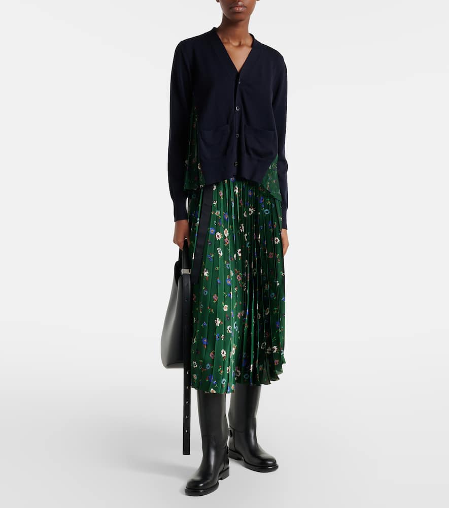 Floral plissé satin midi skirt