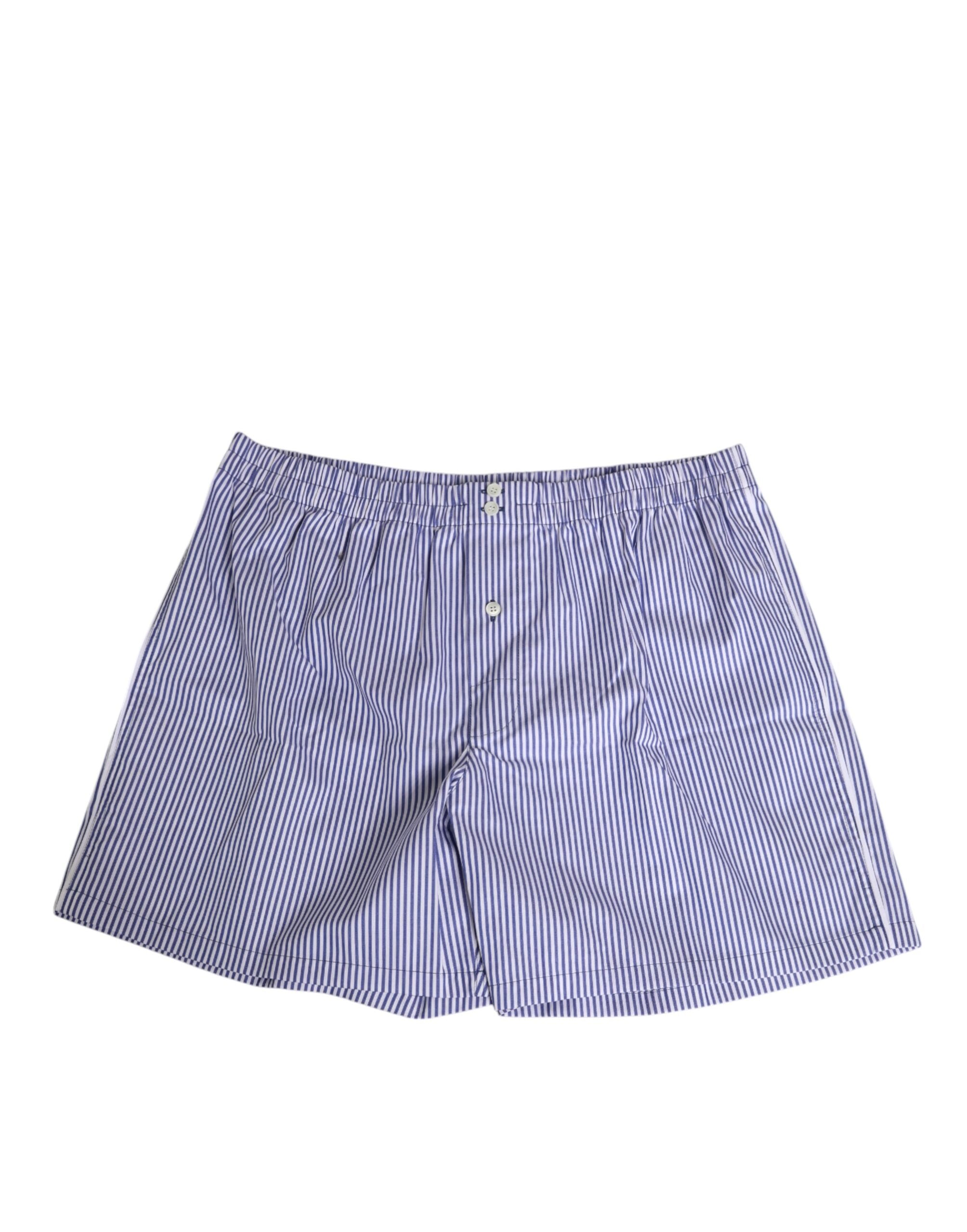 Blue and White Striped Cotton Swim Shorts — Blue
