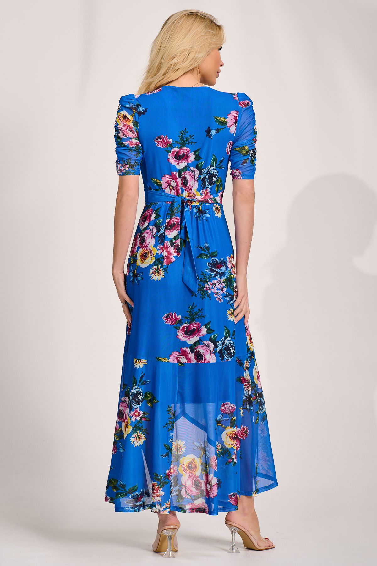 Jolie Moi Women's Ruched Sleeve Mesh Maxi Dress in Blue