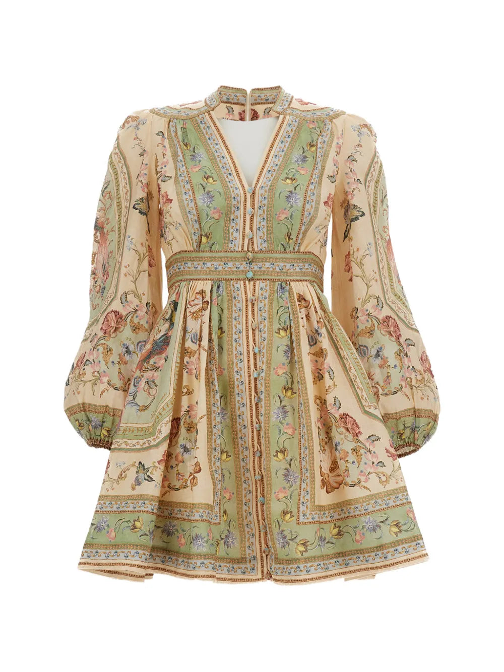 Floral-Print Linen Dress — Cream